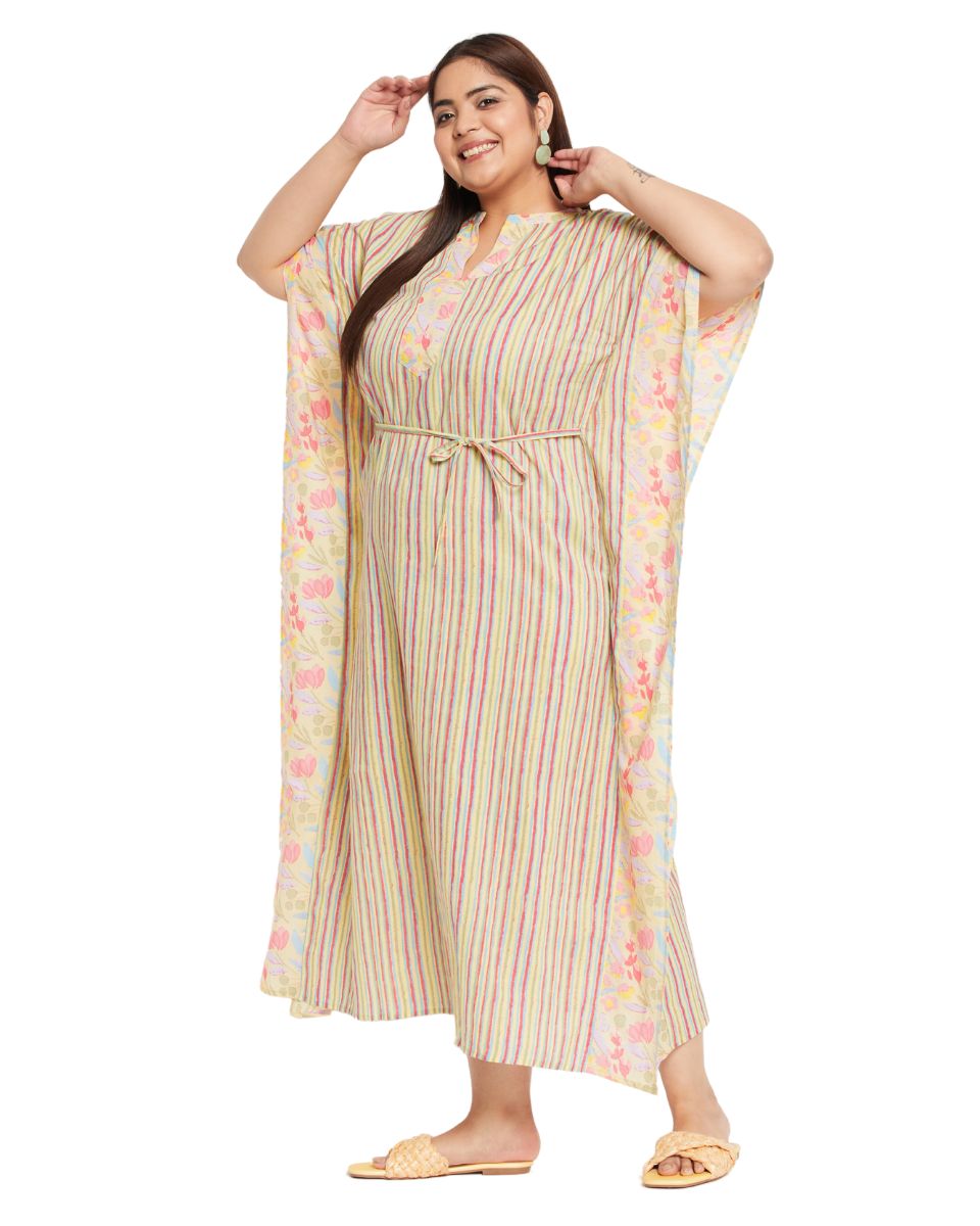 Floral Printed YELLOW Cotton Drawstring Plus Size Kaftan For Women