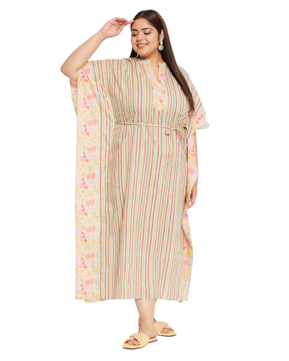 Floral Printed YELLOW Cotton Drawstring Plus Size Kaftan For Women