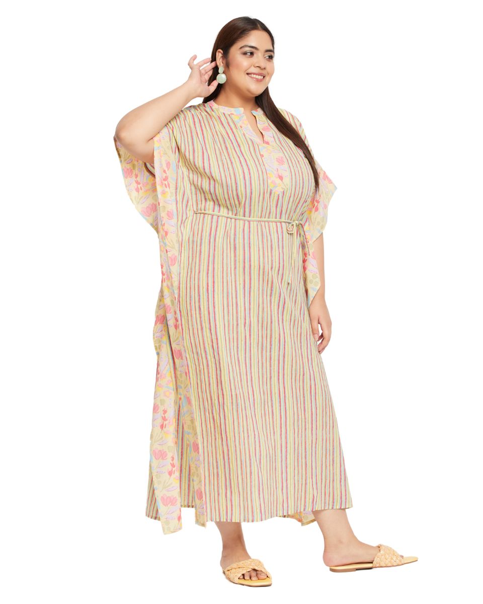 Floral Printed YELLOW Cotton Drawstring Plus Size Kaftan For Women