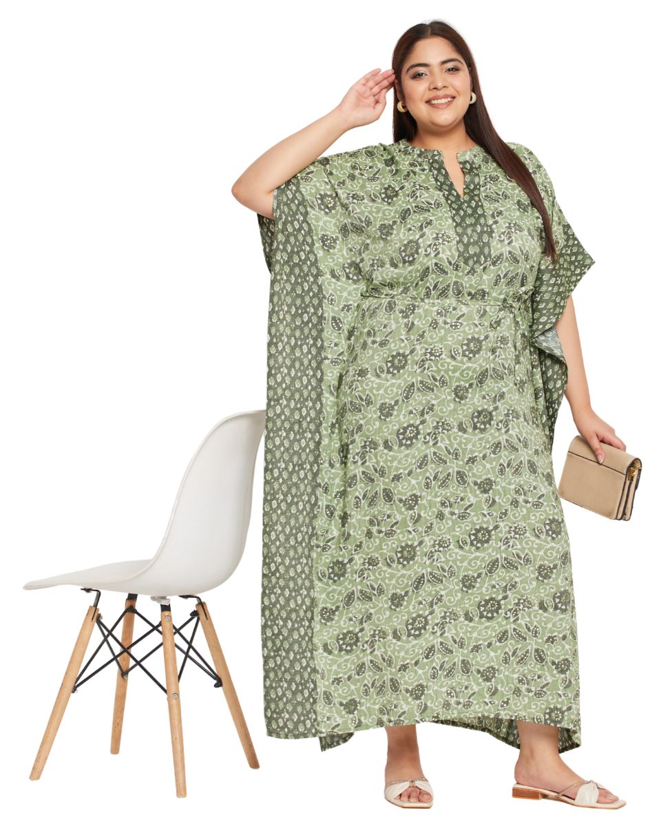 Fern Green Floral printed Cotton Drawstring Kaftan For Plus Size Women