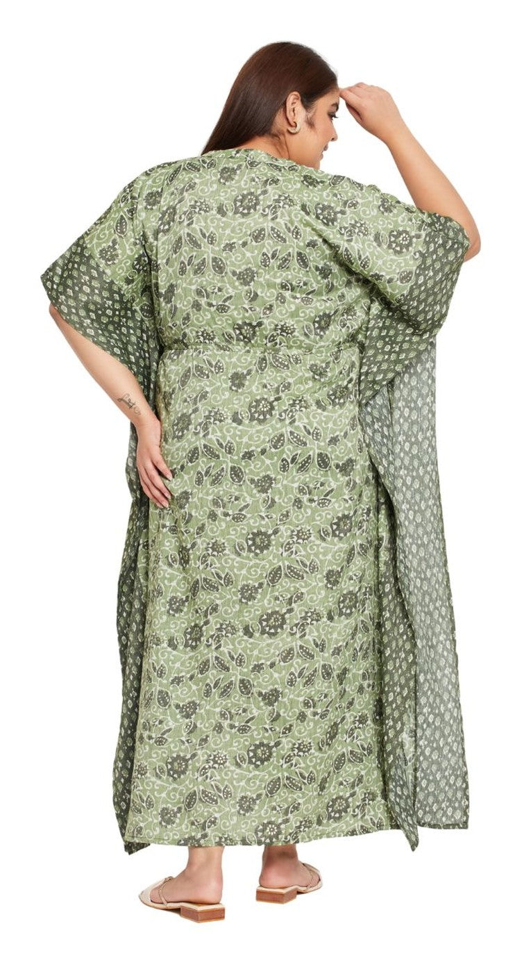 Green cotton plus size kaftan dress with block-print floral and contrast centre panel — alternate view