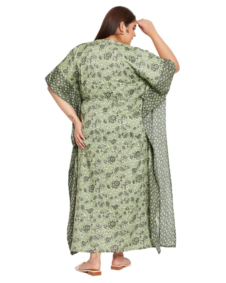 Fern Green Floral printed Cotton Drawstring Kaftan For Plus Size Women