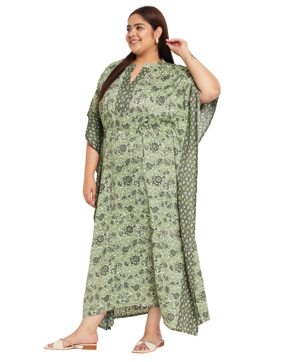 Fern Green Floral printed Cotton Drawstring Kaftan For Plus Size Women