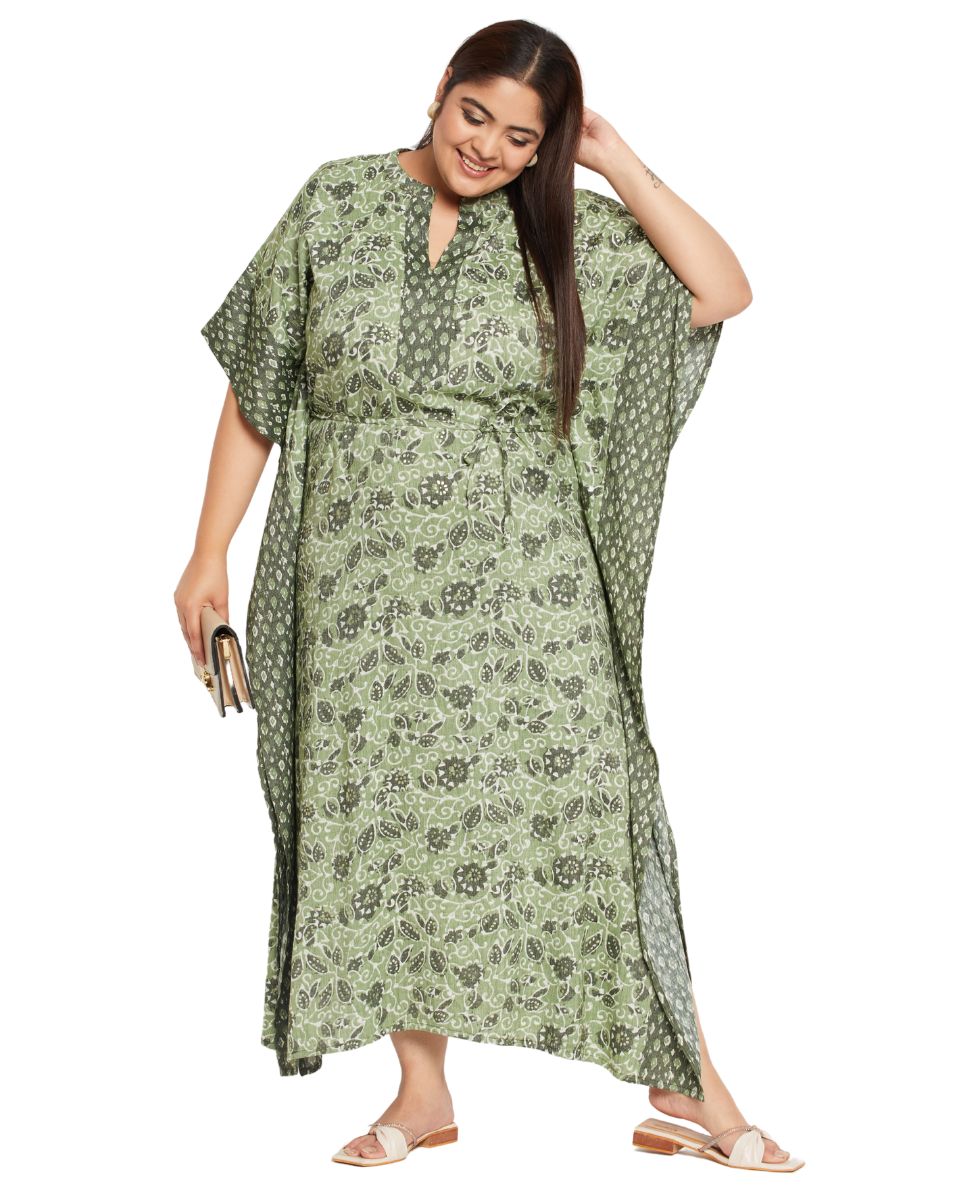 Fern Green Floral printed Cotton Drawstring Kaftan For Plus Size Women