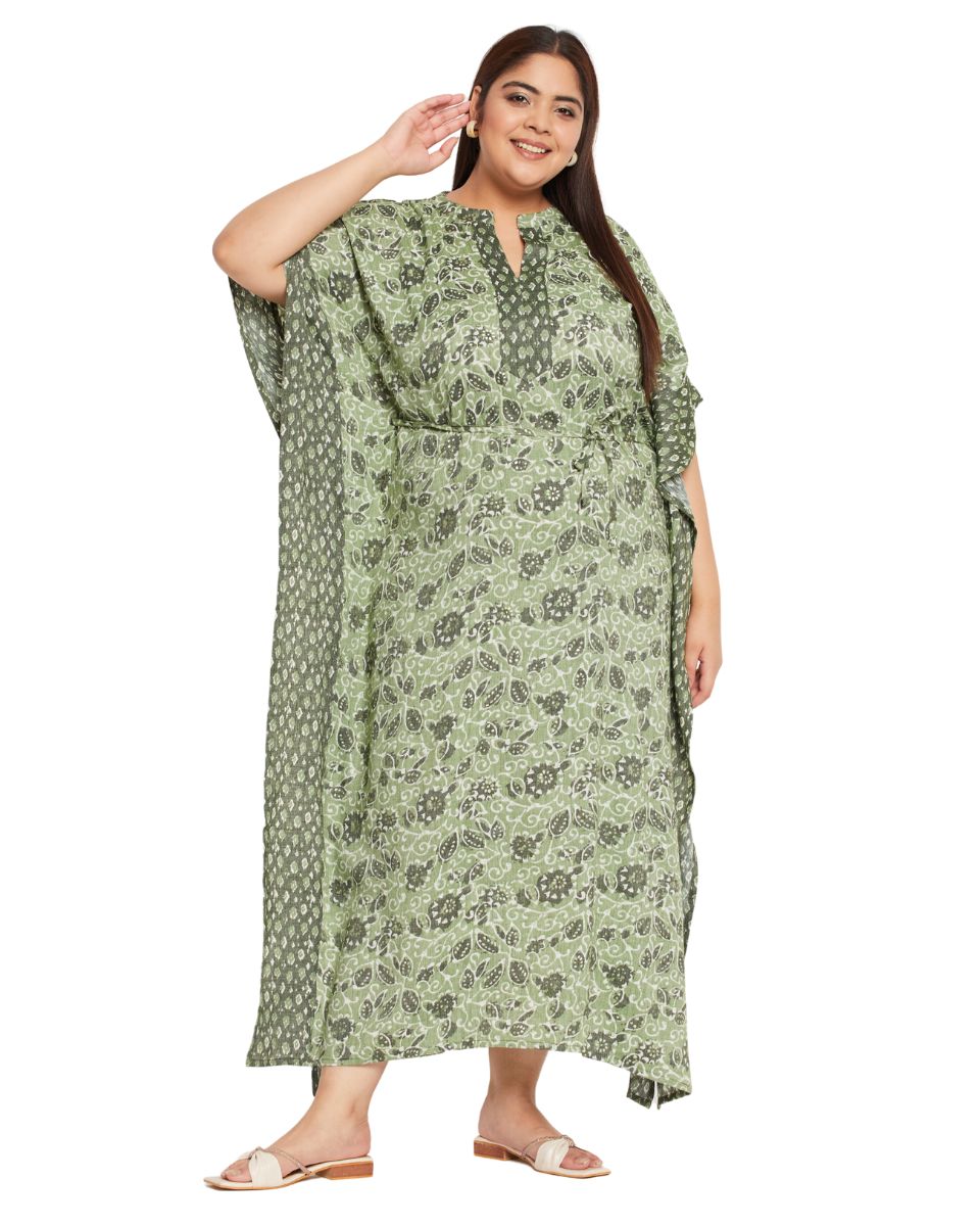 Floral Printed GREEN Cotton Drawstring Kaftan Dress for Women