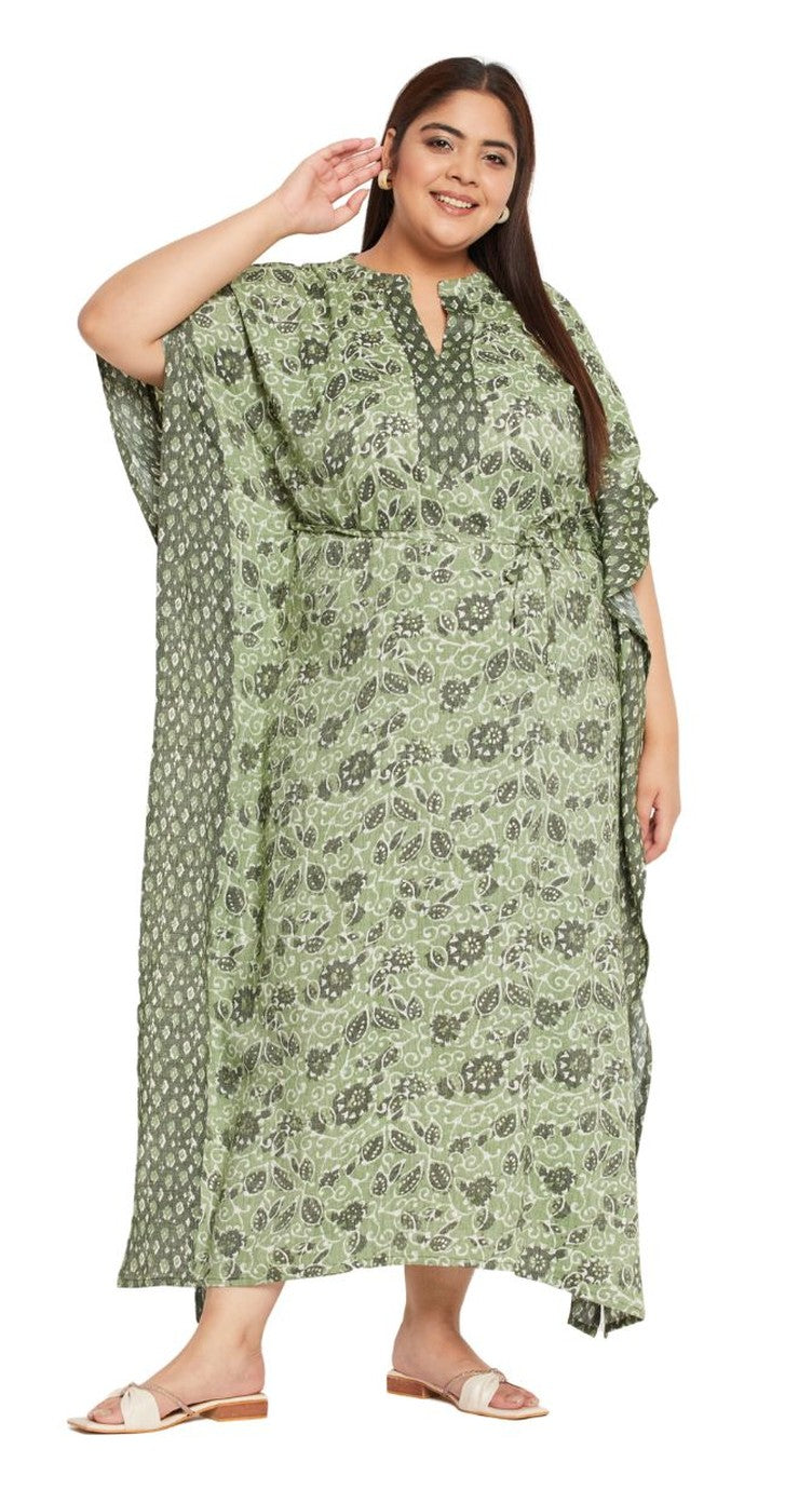 Green cotton plus size kaftan dress with block-print floral and contrast centre panel