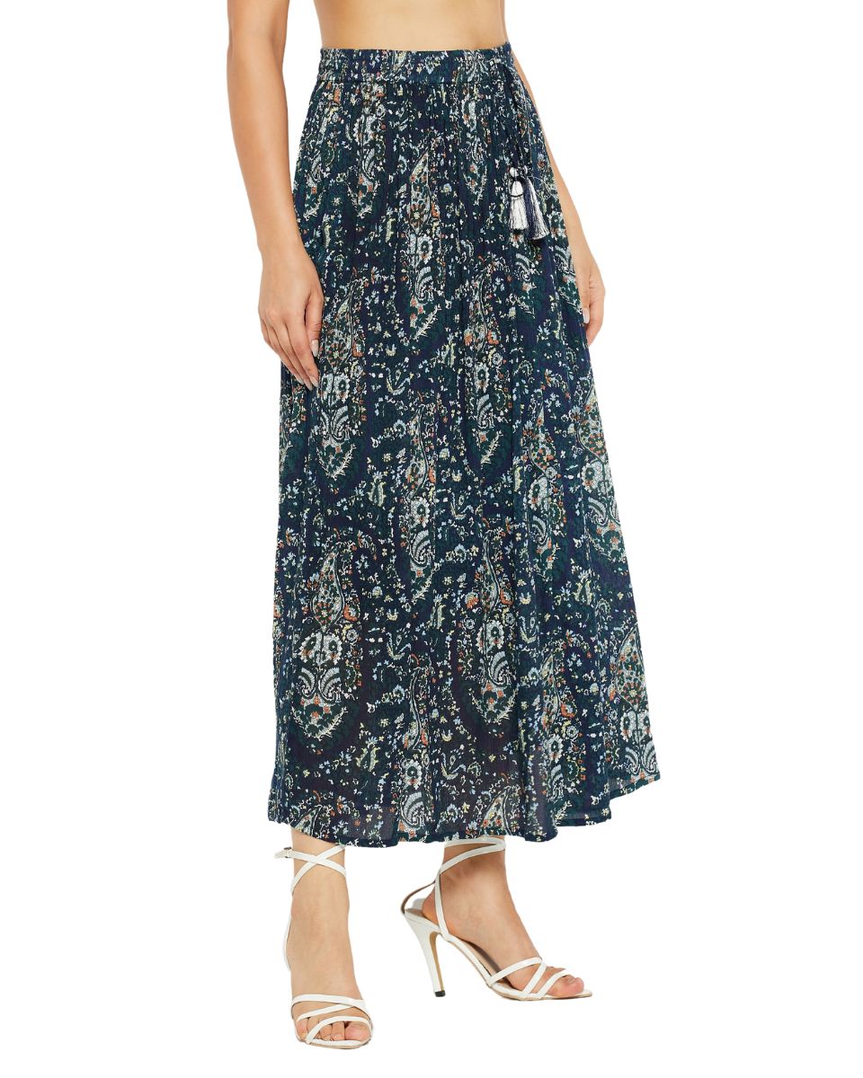 Paisley Printed Navy Blue Pleated Lycra Skirt For Women