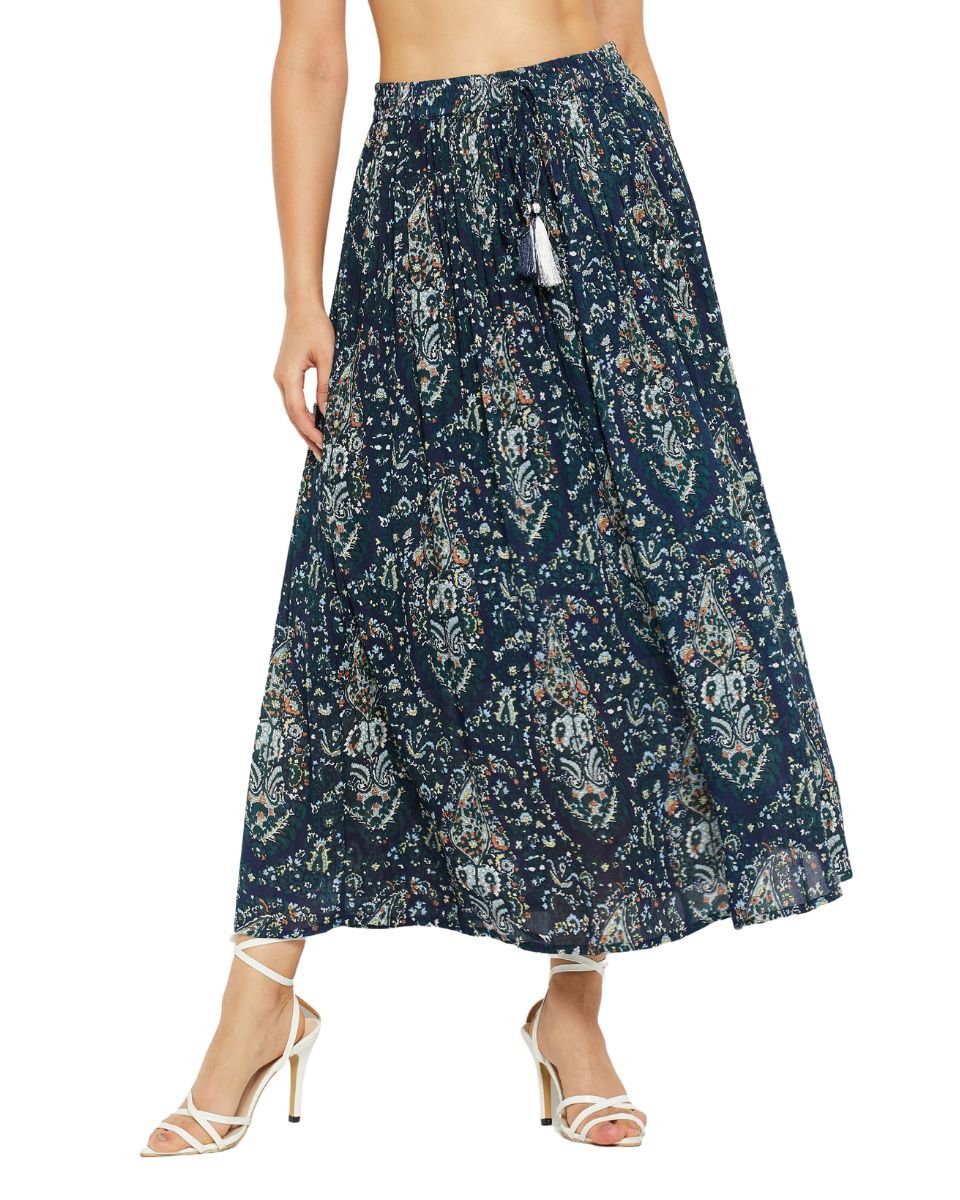 Paisley Printed Navy Blue Pleated Lycra Skirt For Women