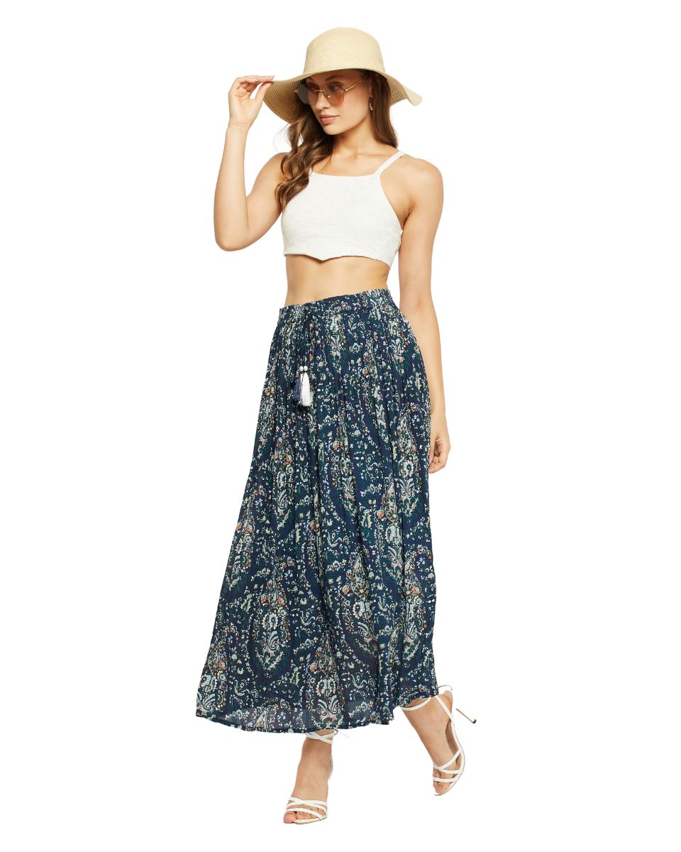 Paisley Printed Navy Blue Pleated Lycra Skirt For Women