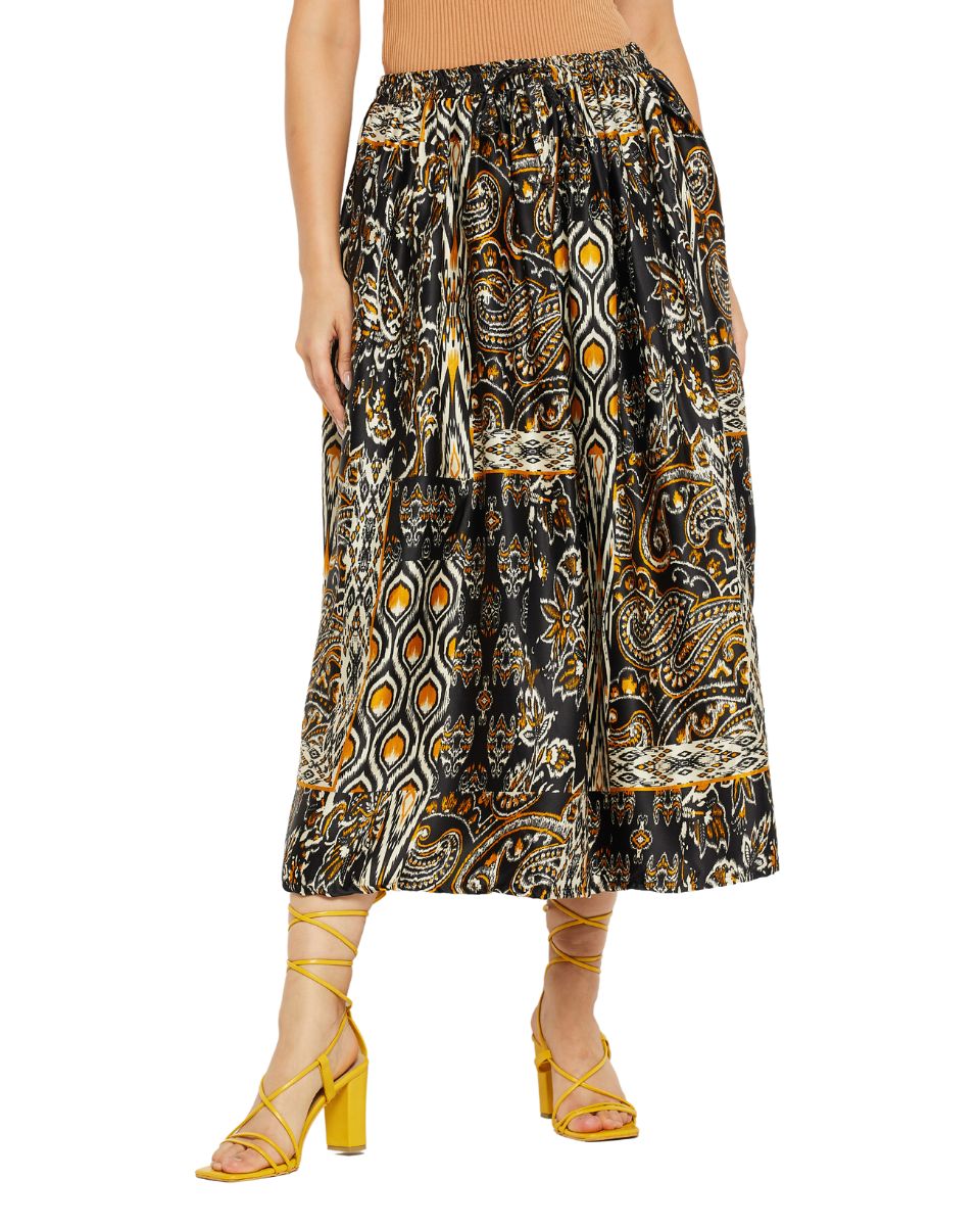 Paisley Printed Multicolor Pleated Lycra Skirt For Women