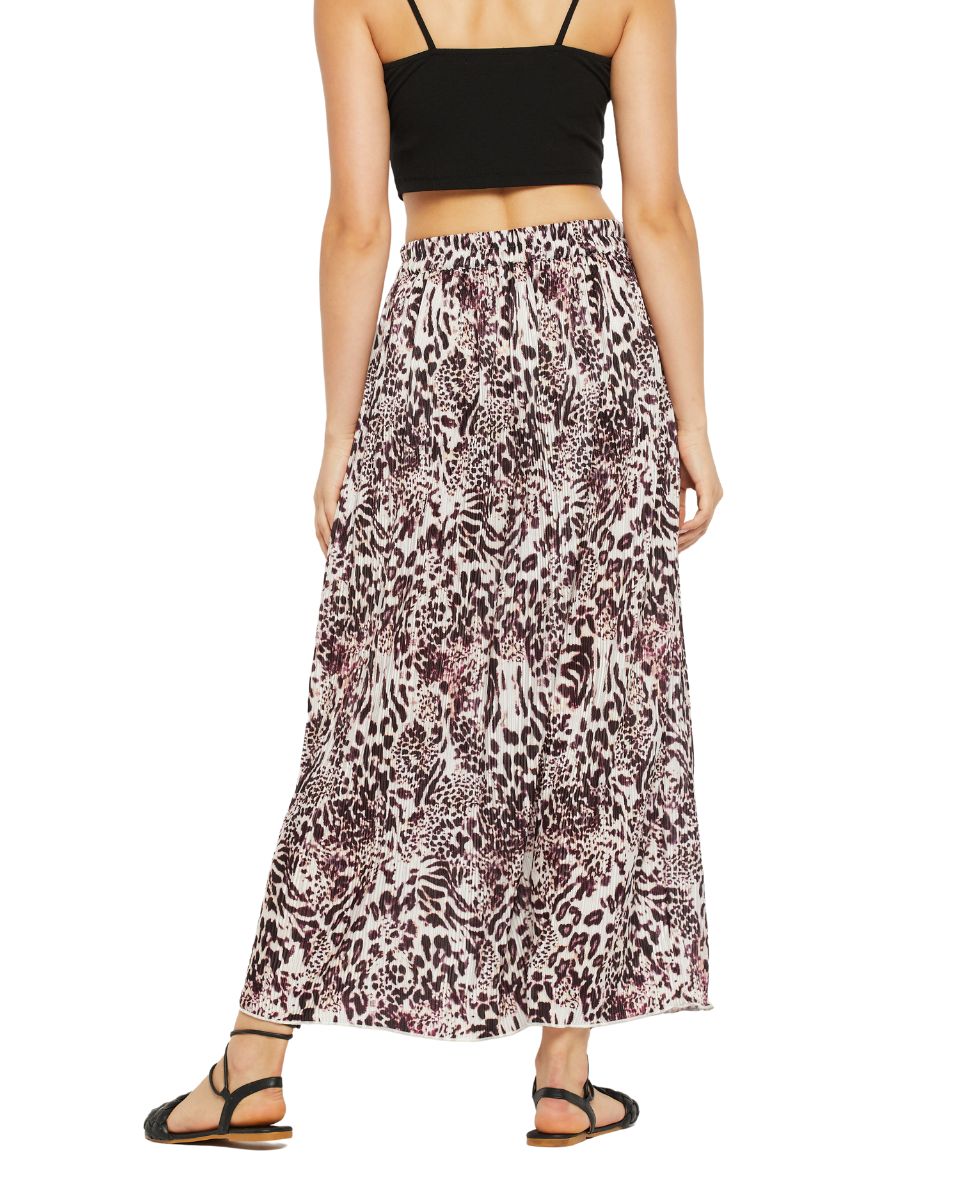 Wine And White Color Animal Printed Pleated Lycra Skirt For Women