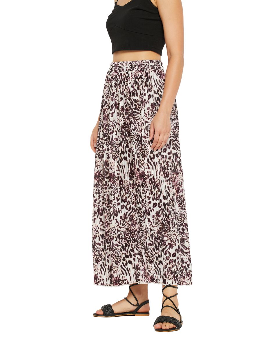 Wine And White Color Animal Printed Pleated Lycra Skirt For Women