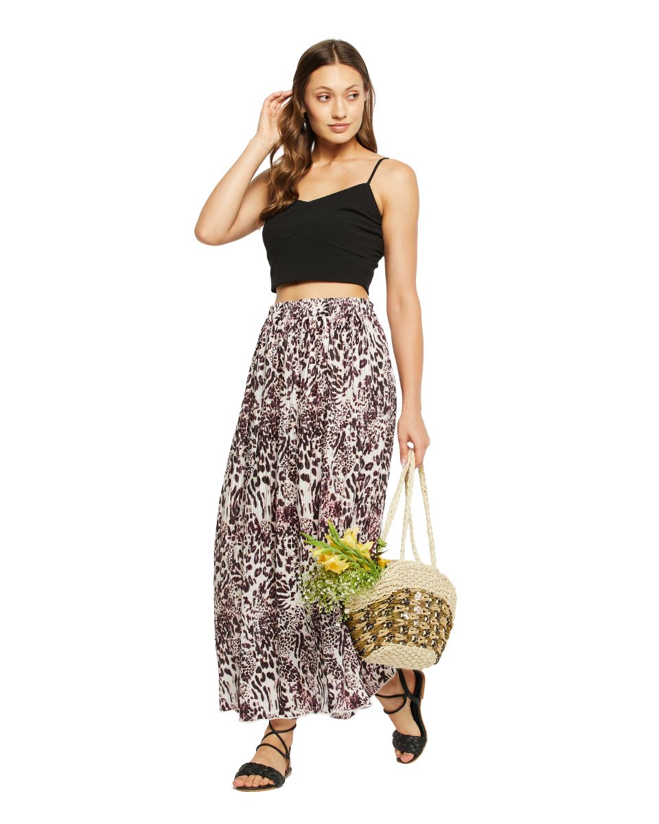 Wine And White Color Animal Printed Pleated Lycra Skirt For Women