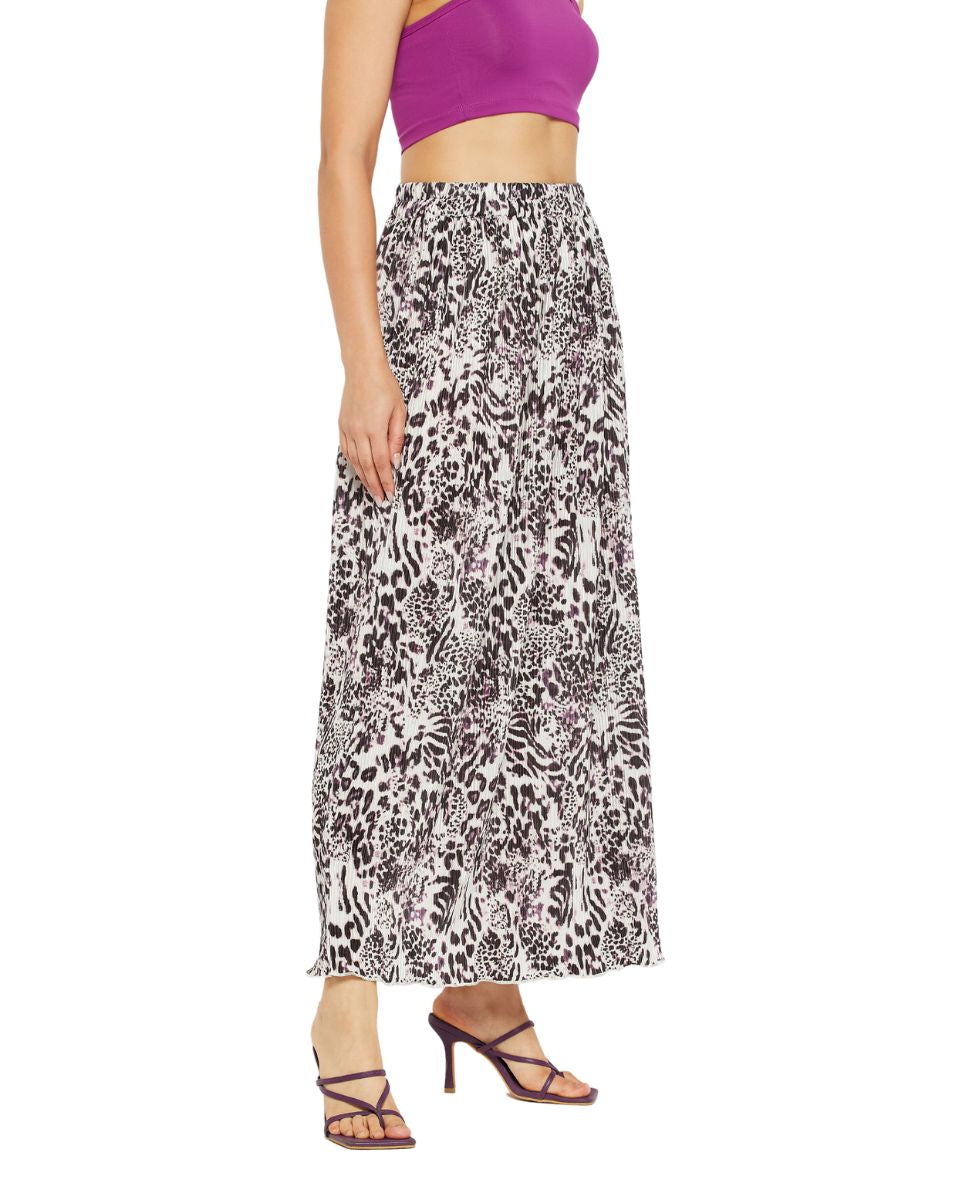 Blackberry & white Pleated Animal printed Lycra Skirt for Women