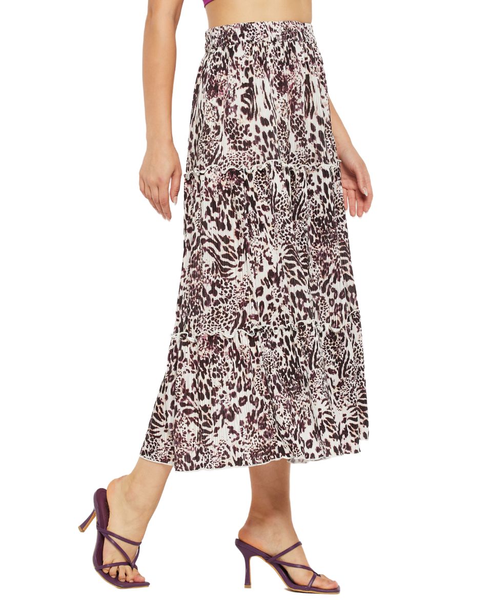 Wine And White Color Pleated Animal Printed Lycra Skirt For Women