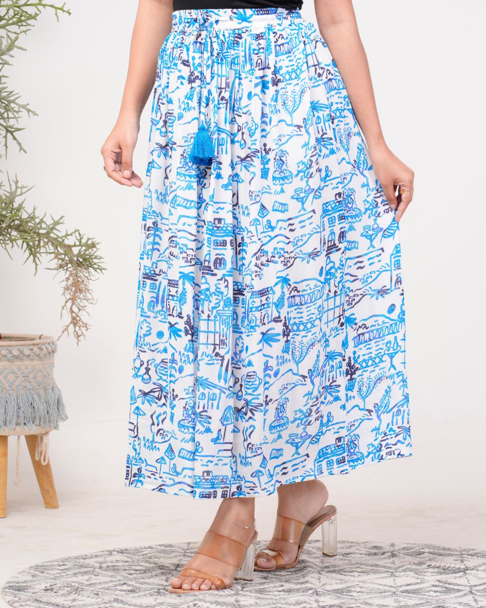 Sky Blue Village Theme Print Rayon Crepe Skirt For Women