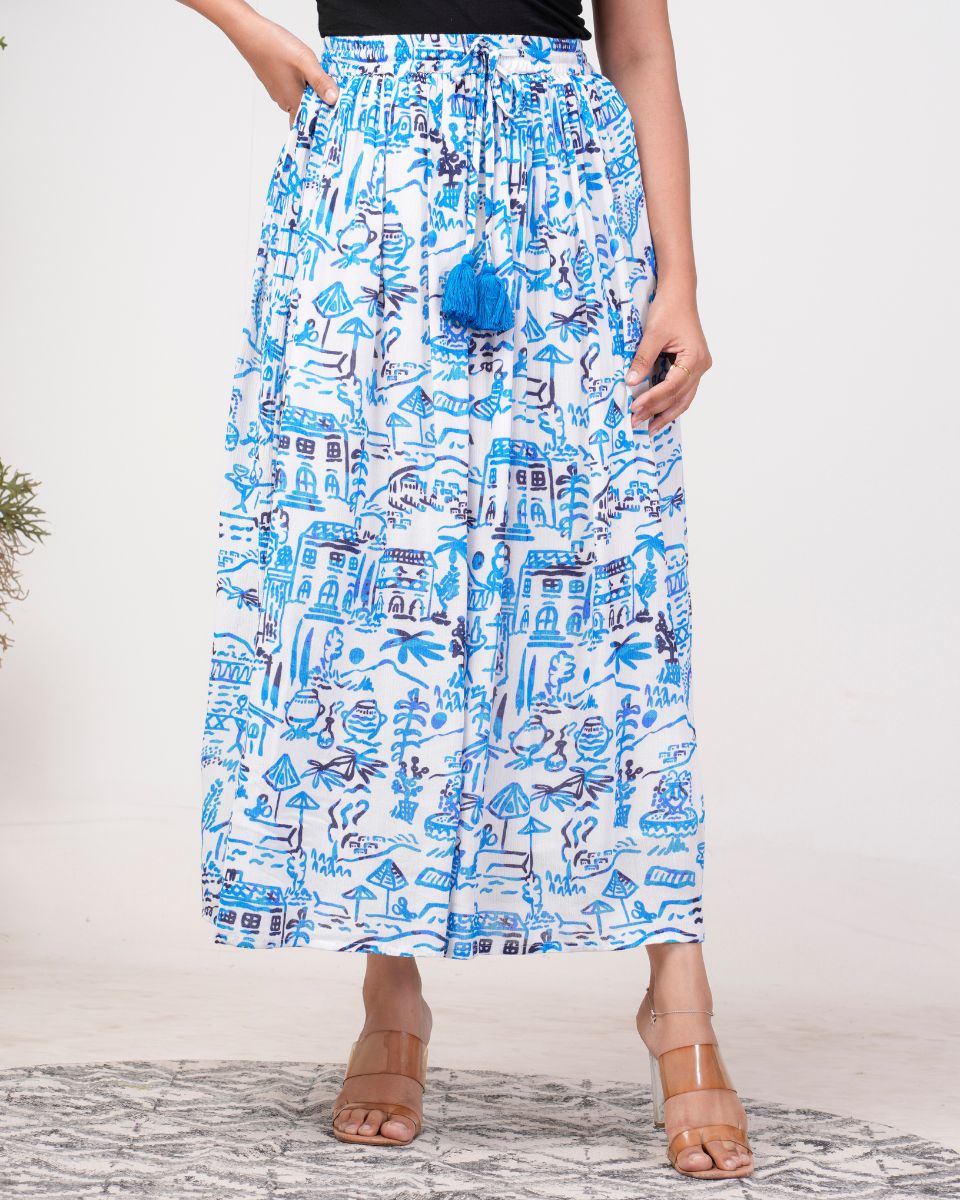 Digital Printed Sky blue Rayon Crepe Skirt for Women