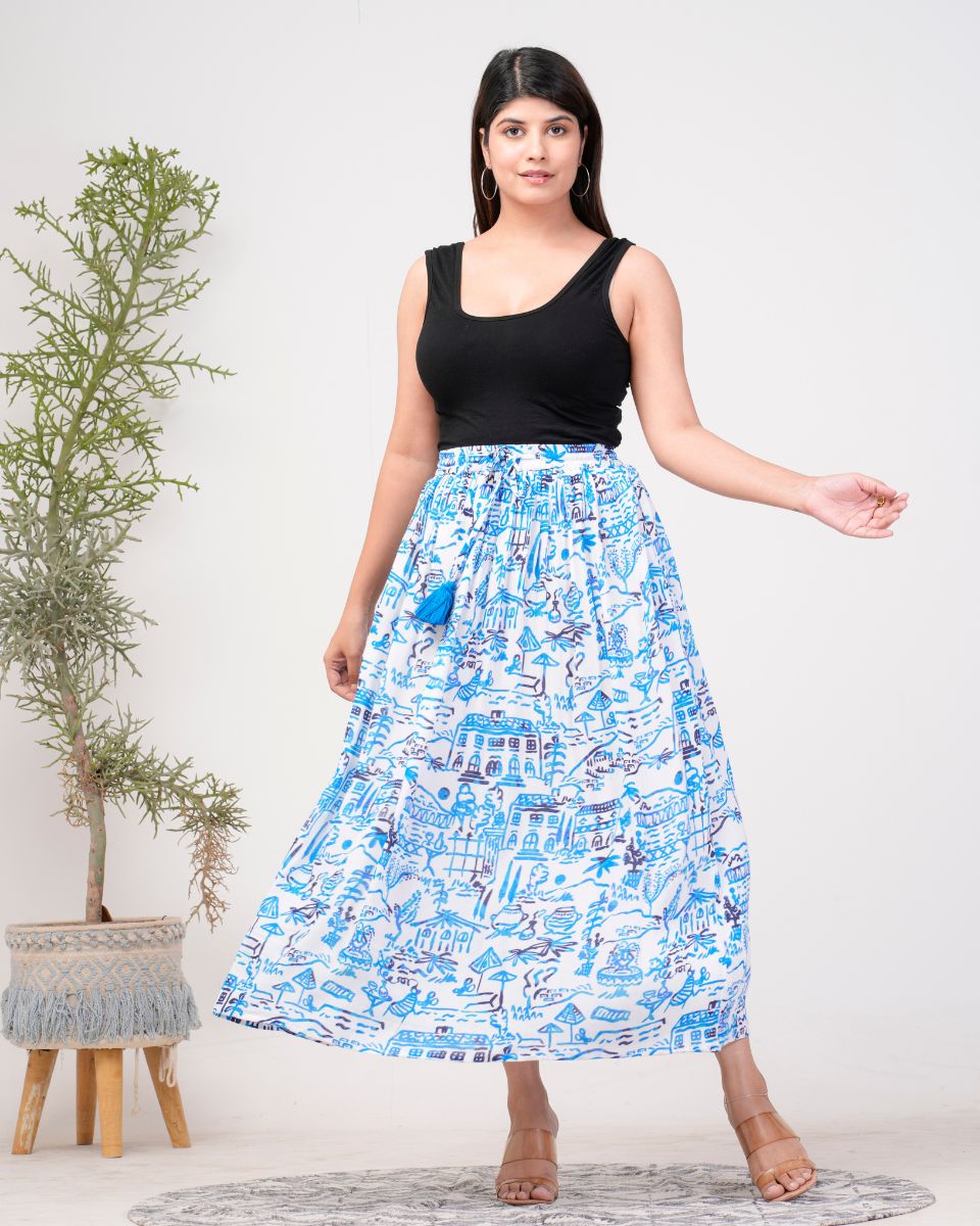 Sky Blue Village Theme Print Rayon Crepe Skirt For Women