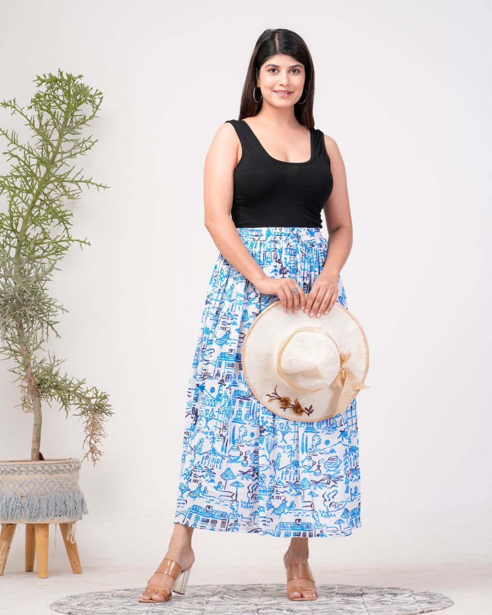 Sky Blue Village Theme Print Rayon Crepe Skirt For Women