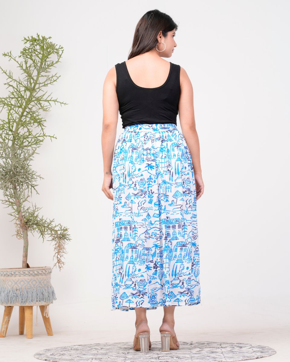 Sky Blue Village Theme Print Rayon Crepe Skirt For Women