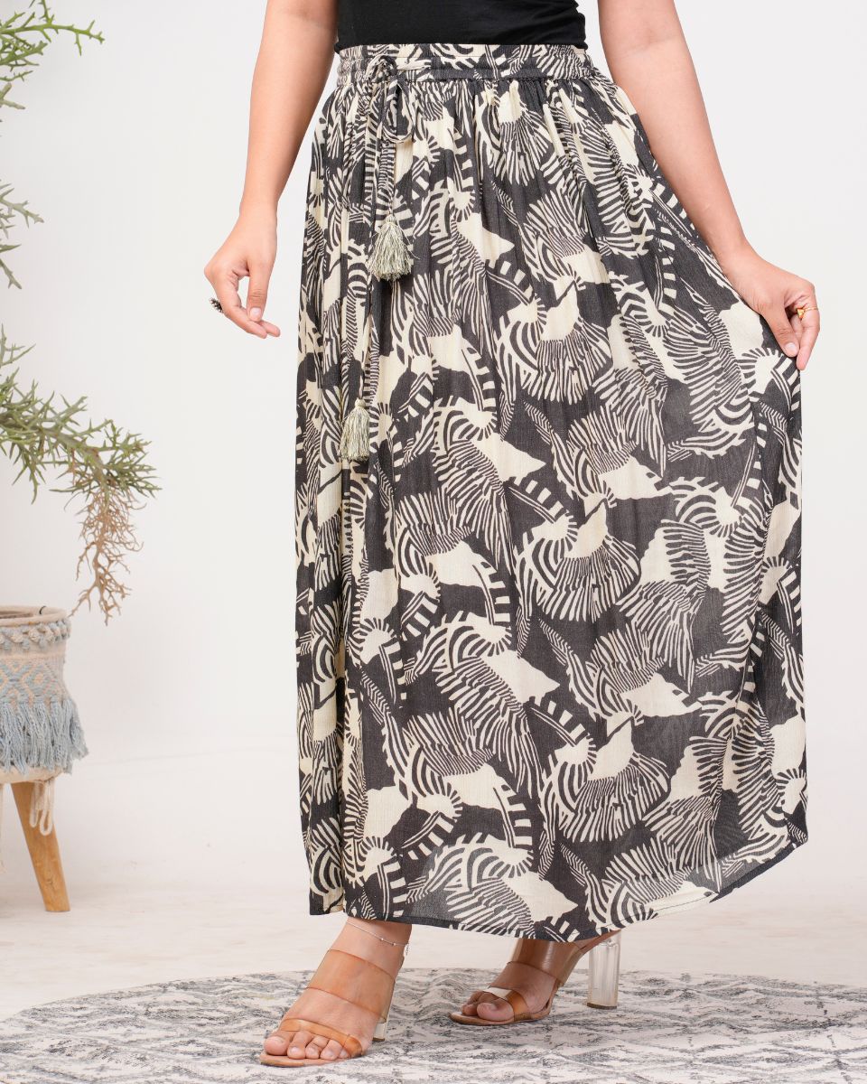 Abstract Printed Black And Beige Rayon Crepe Skirt For Women