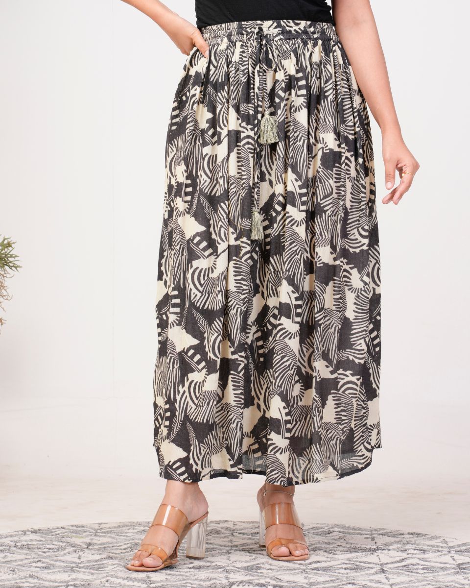 Abstract Printed Black And Beige Rayon Crepe Skirt For Women