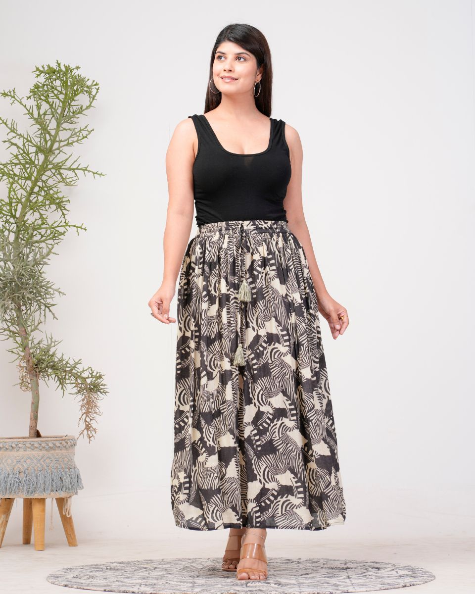 Abstract Printed Black And Beige Rayon Crepe Skirt For Women