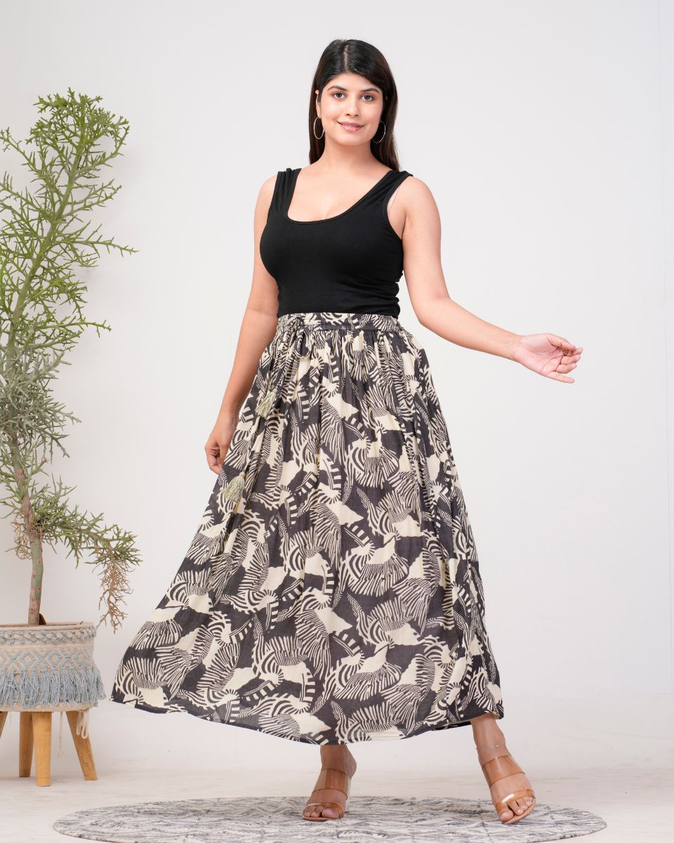 Abstract Printed Black And Beige Rayon Crepe Skirt For Women