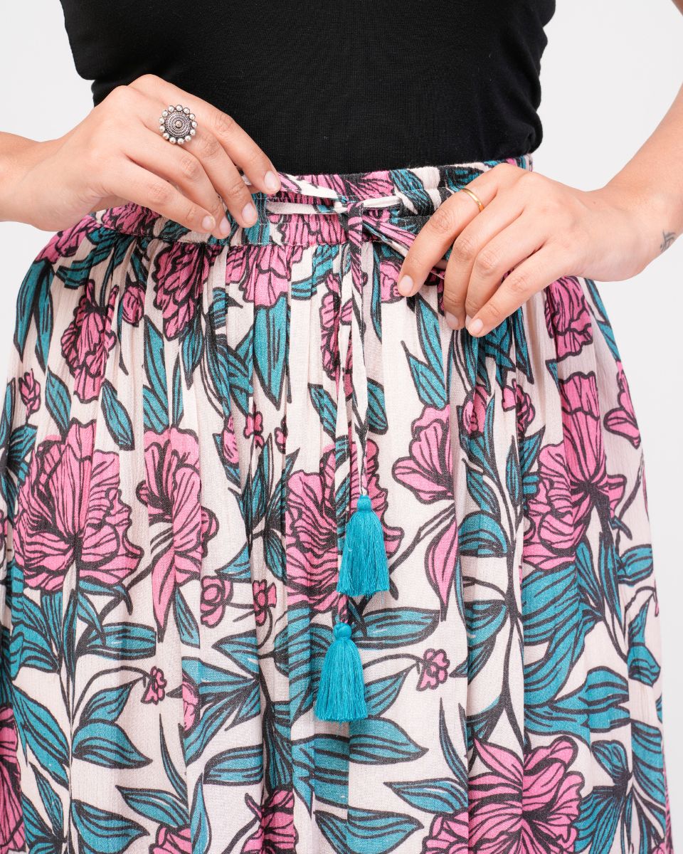 Cerulean Color Pink Floral Printed Rayon Crepe Skirt For Women