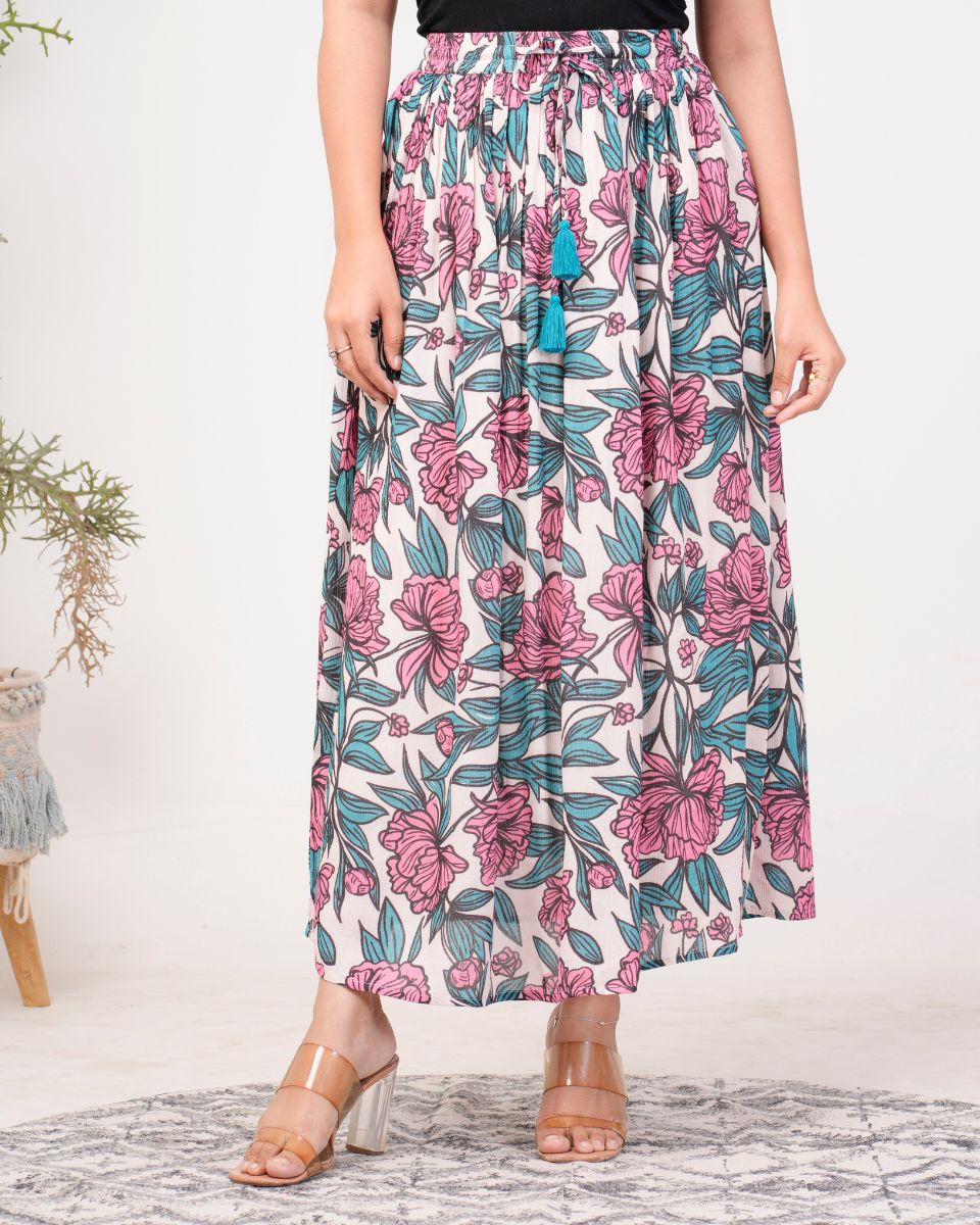 Cerulean Color Pink Floral Printed Rayon Crepe Skirt For Women