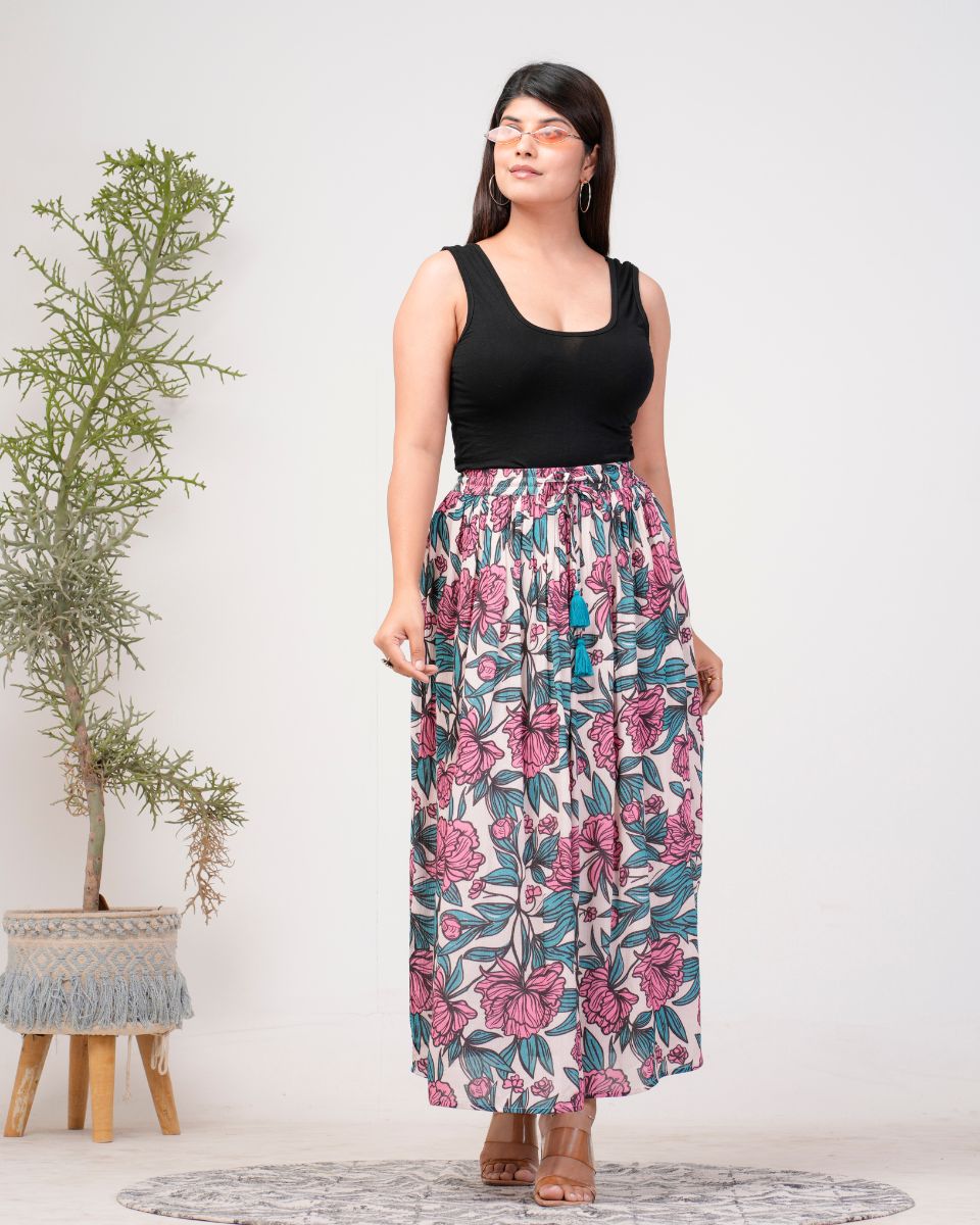 Cerulean Color Pink Floral Printed Rayon Crepe Skirt For Women