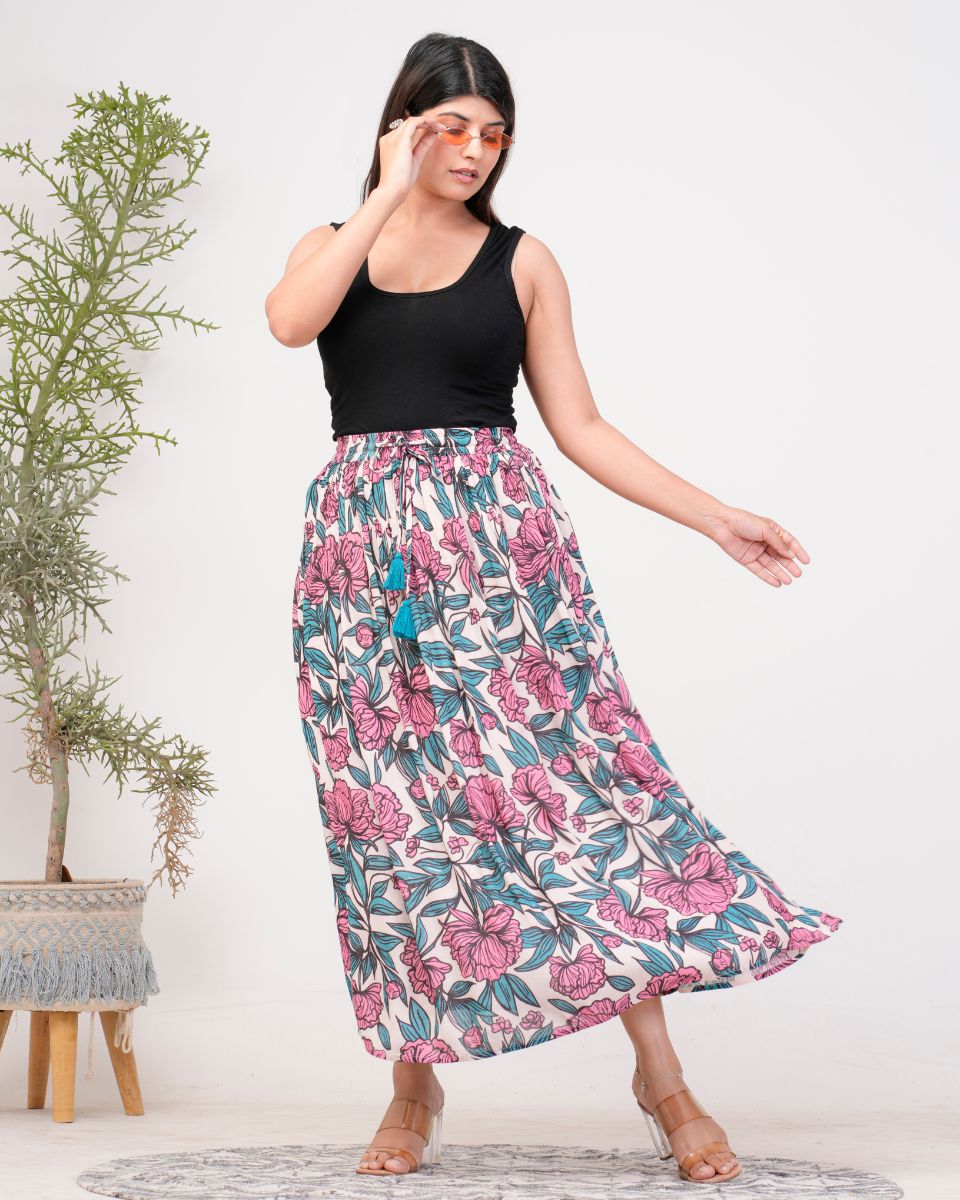 Cerulian blue & pink Floral Printed Rayon Crepe Skirt for Women