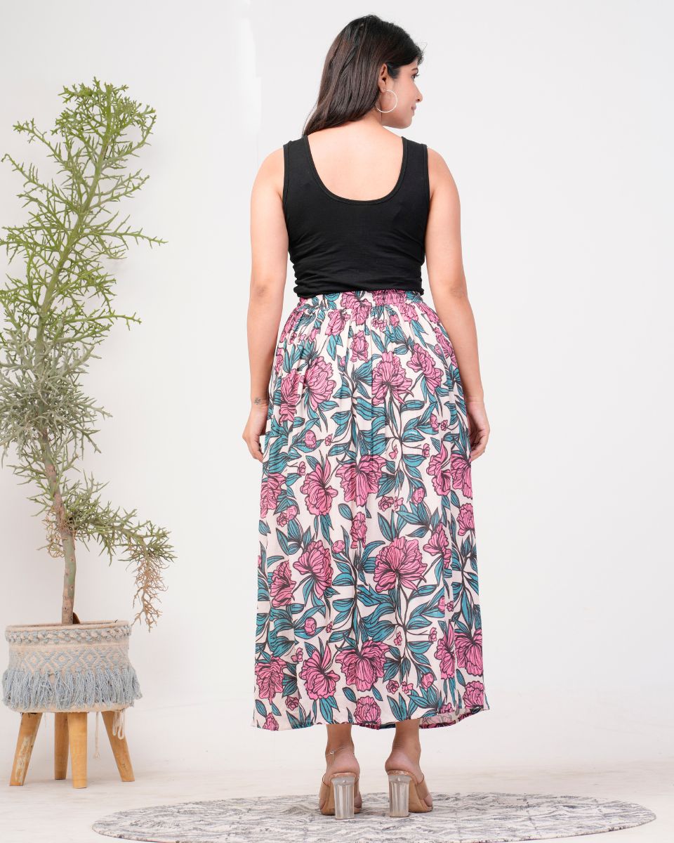 Cerulean Color Pink Floral Printed Rayon Crepe Skirt For Women