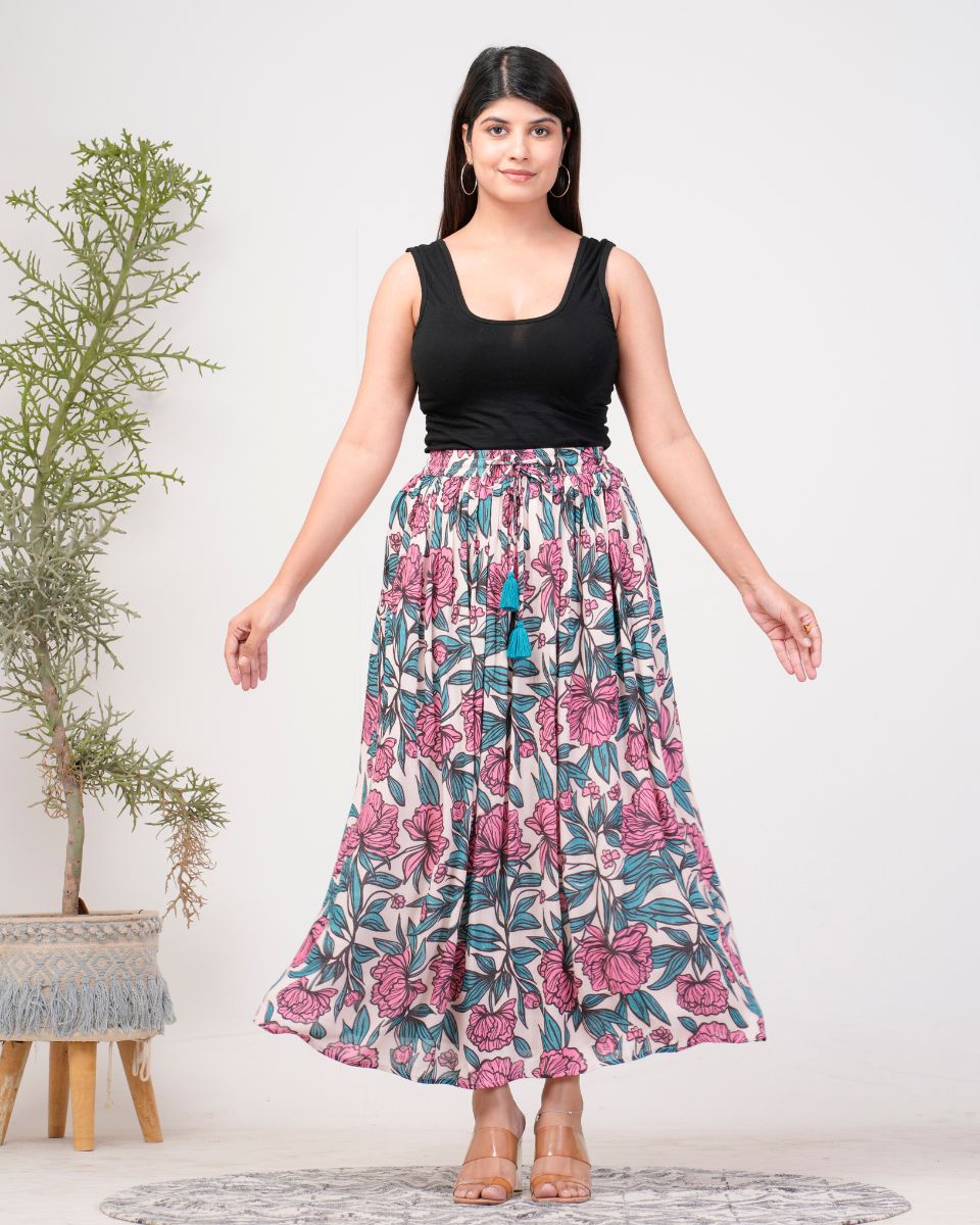 Floral Printed Light Pink Rayon Crepe Skirt for Women