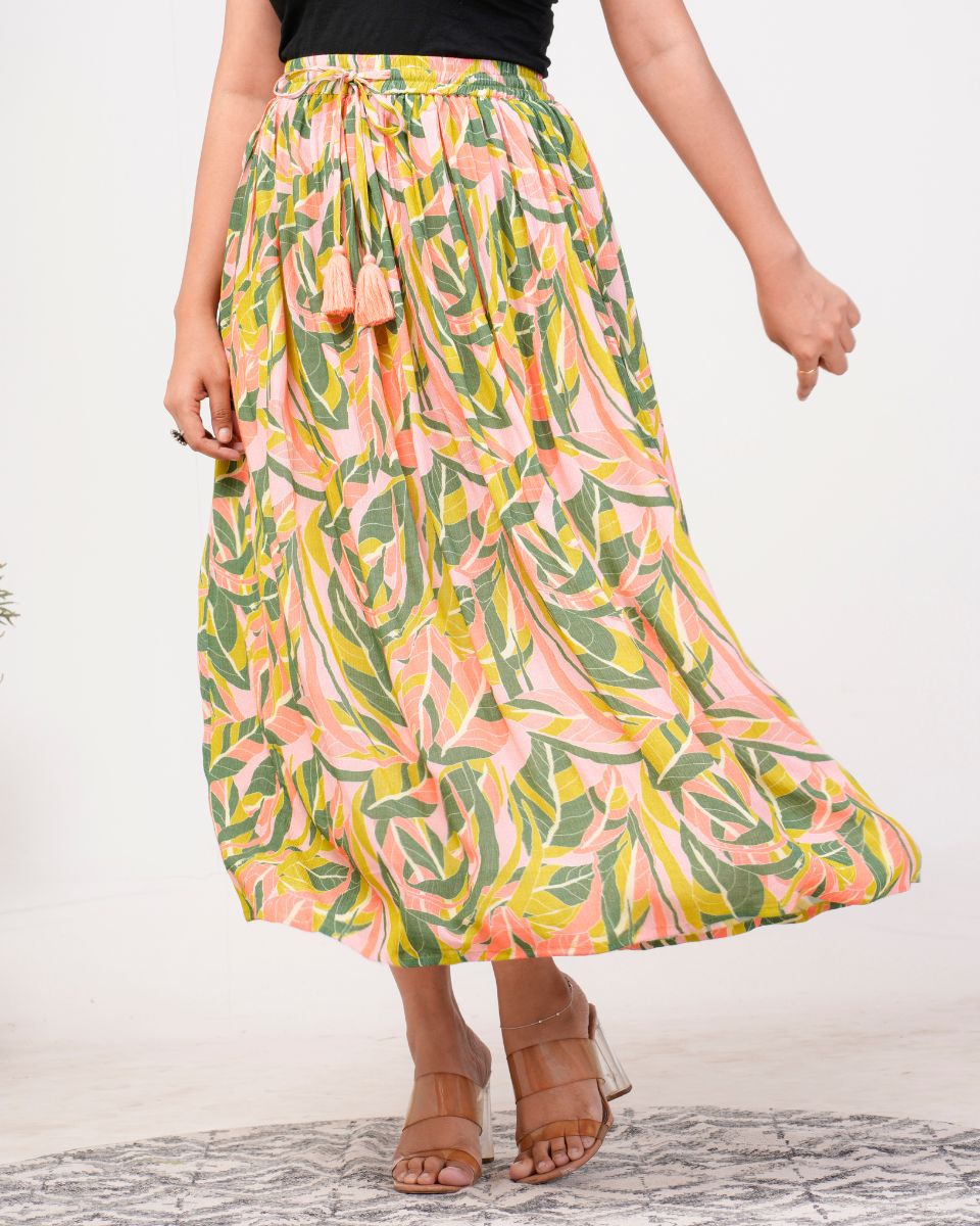 Floral Printed Yellow Rayon Crepe Skirt For Women