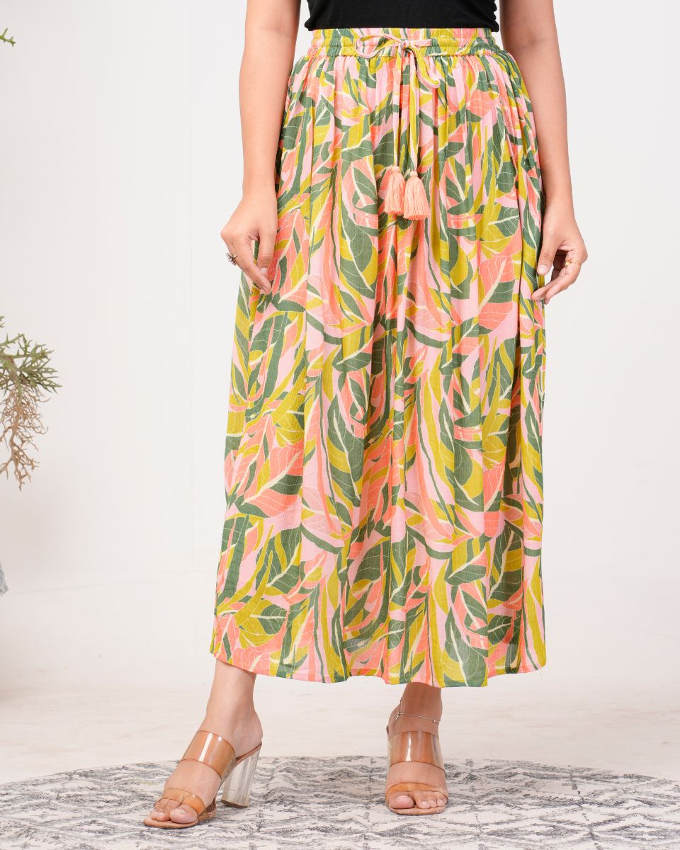 Floral Printed Yellow Rayon Crepe Skirt For Women