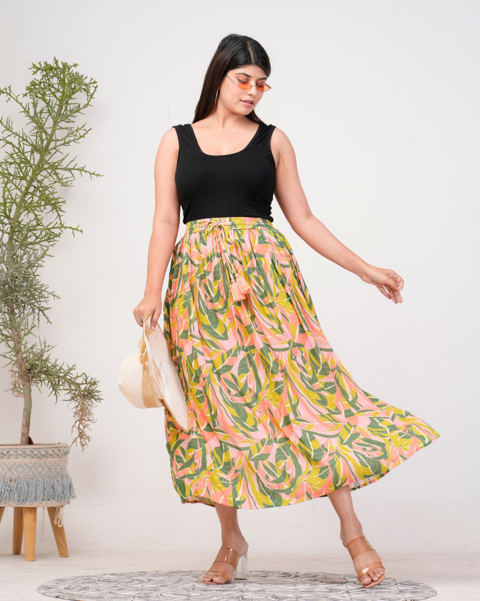 Floral Printed Yellow Rayon Crepe Skirt For Women