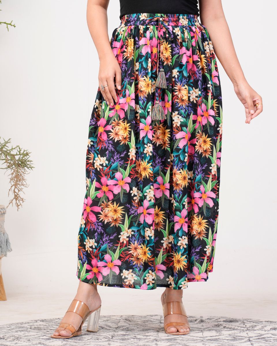 Floral Printed Black Rayon Crepe Skirt for Women