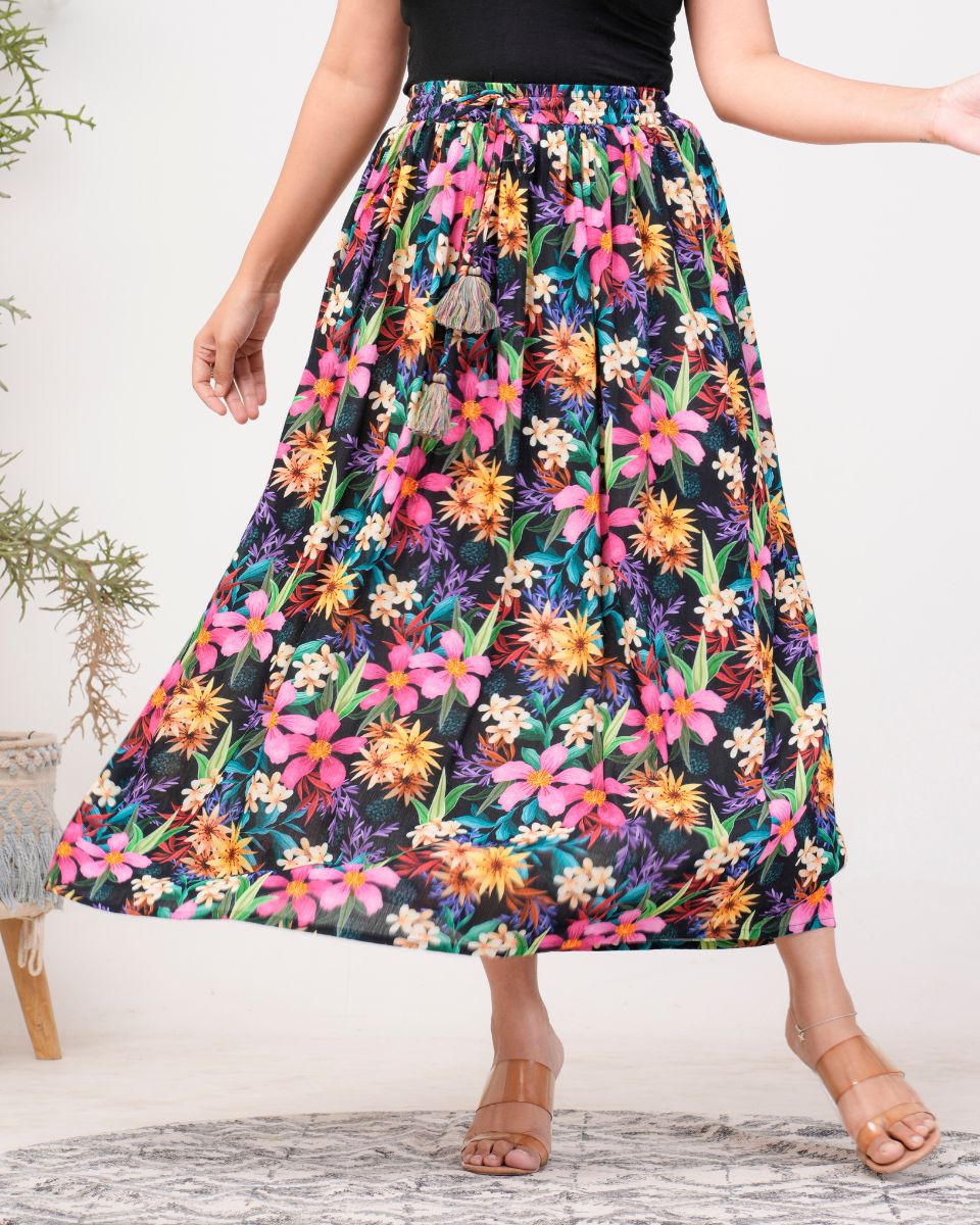 Multicolor Floral Printed Rayon Crepe Skirt For Women