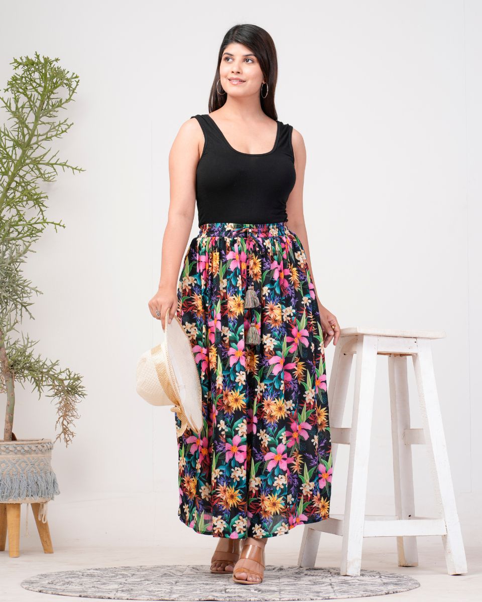 Multicolor Floral Printed Rayon Crepe Skirt For Women