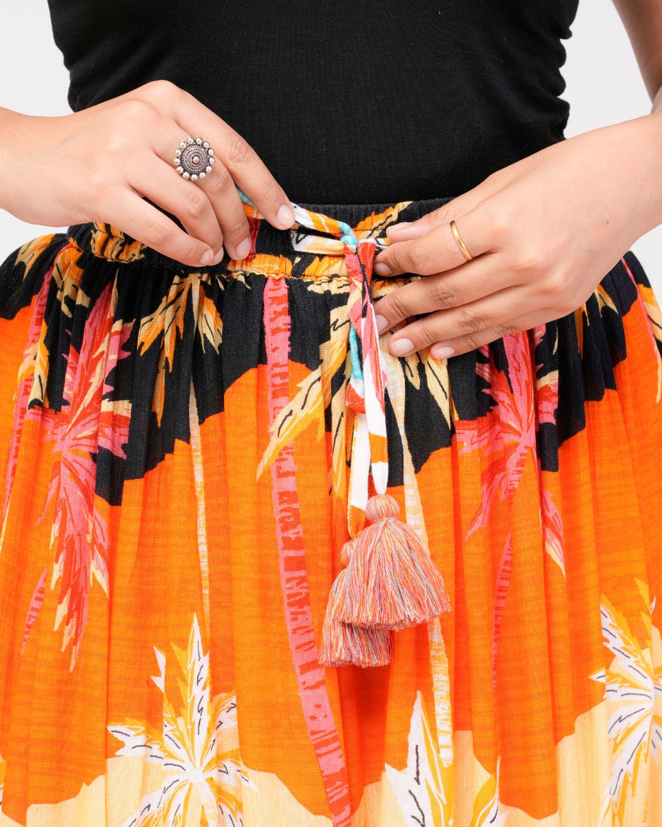 Dazzling Orange Digital Printed Rayon Crepe Skirt For Women