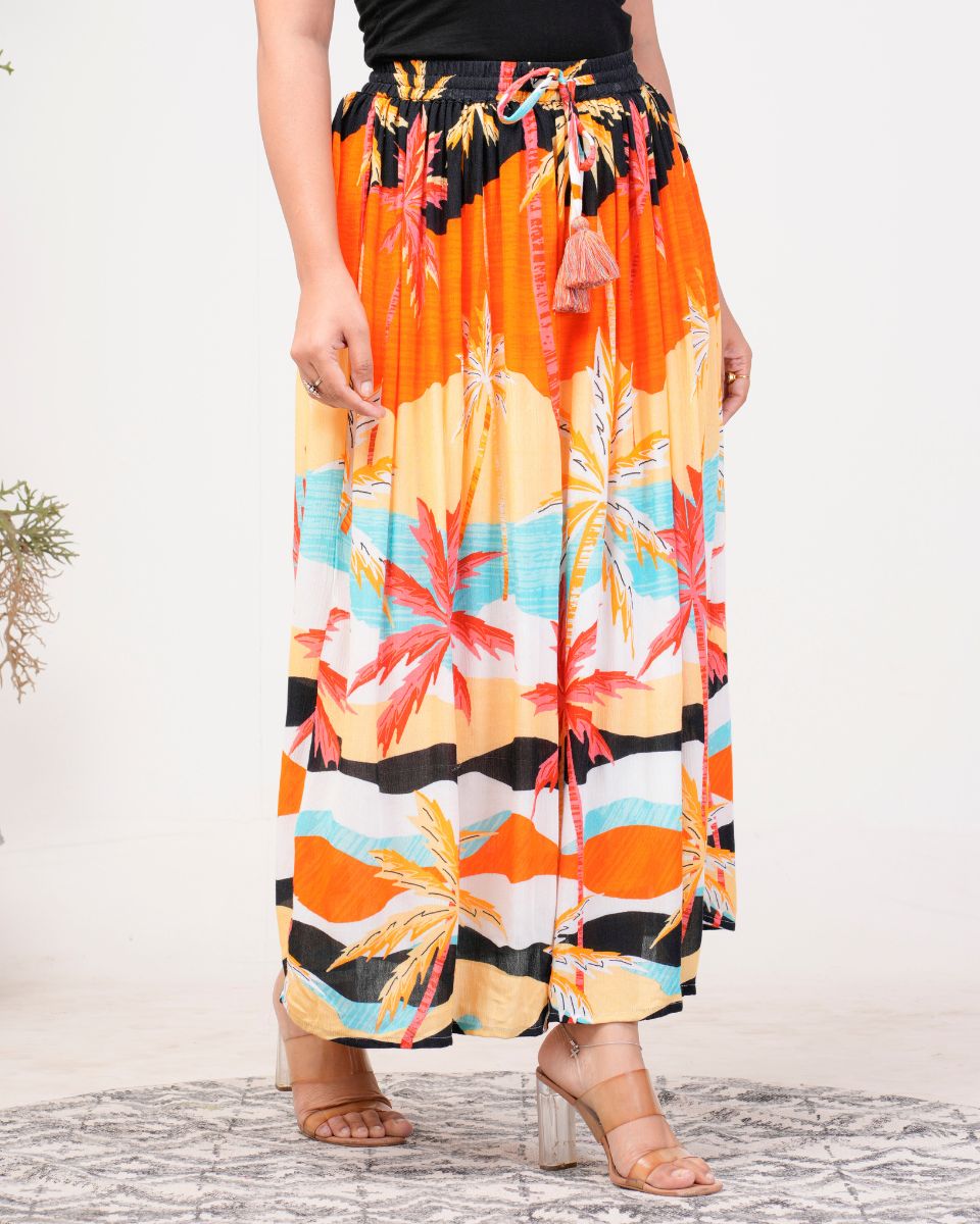 Dazzling Orange Digital Printed Rayon Crepe Skirt For Women