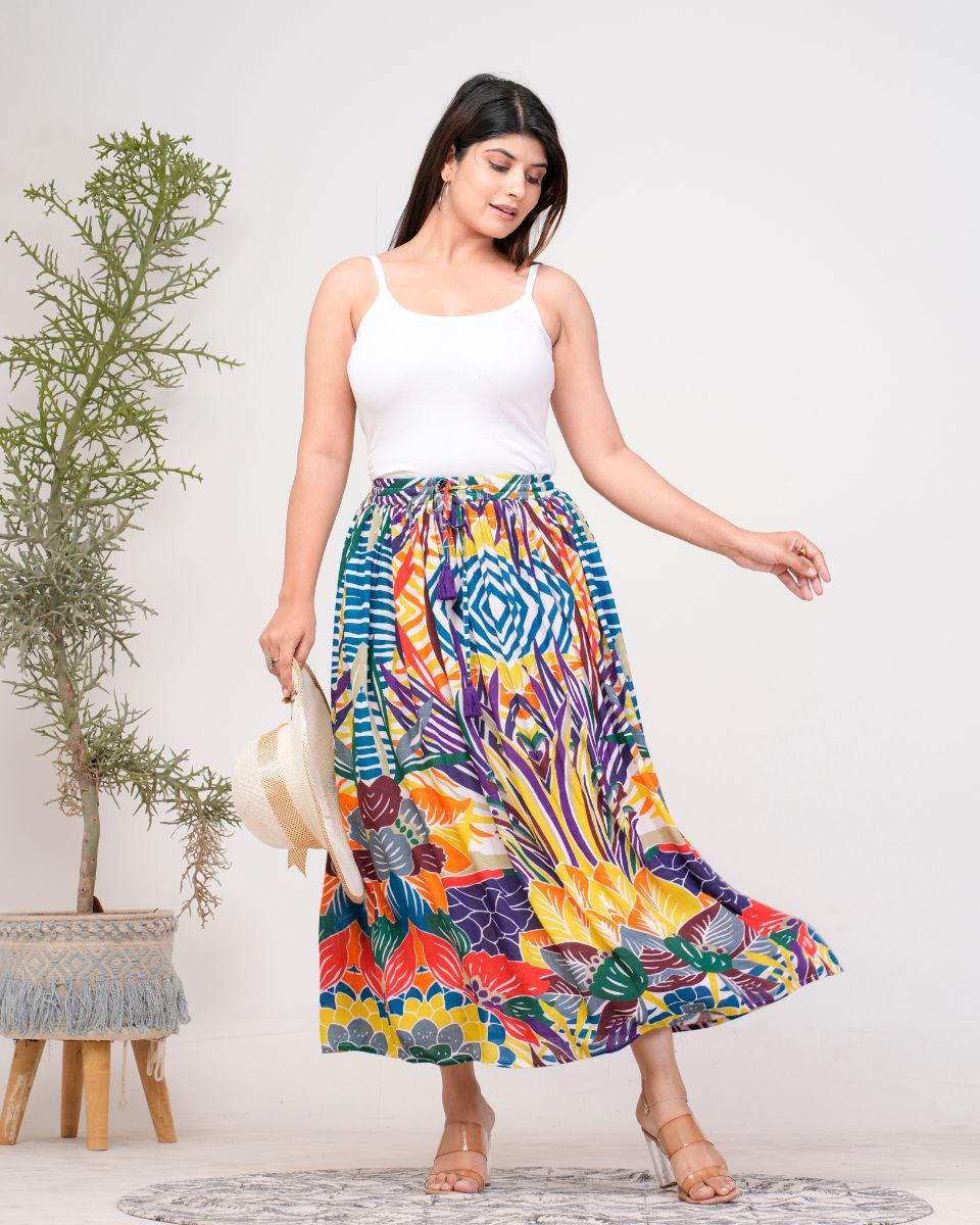 Digital Printed Multicolor Rayon Crepe Skirt For Women