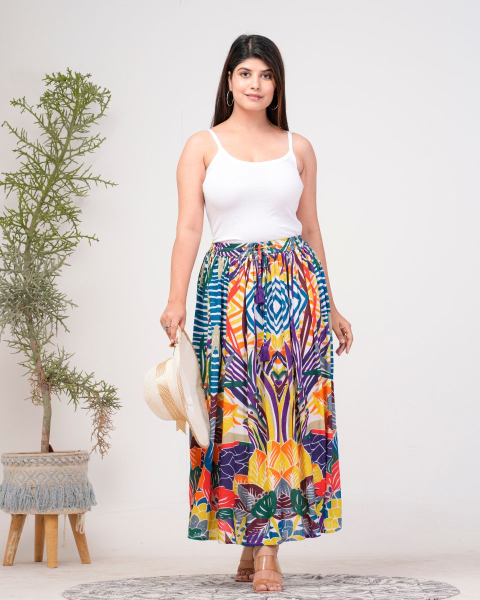 Digital Printed Multicolor Rayon Crepe Skirt For Women