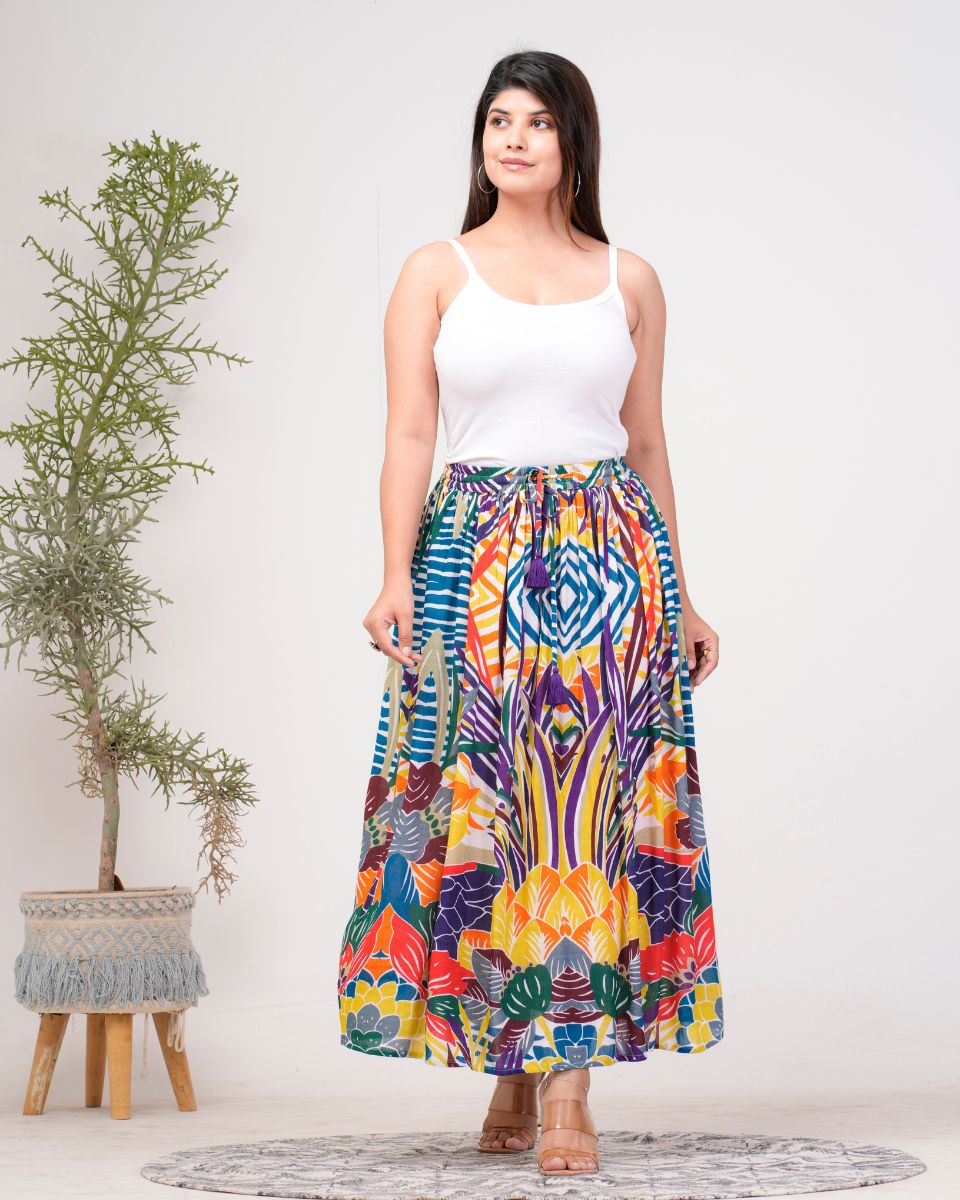 Digital Printed Blue Rayon Crepe Skirt for Women