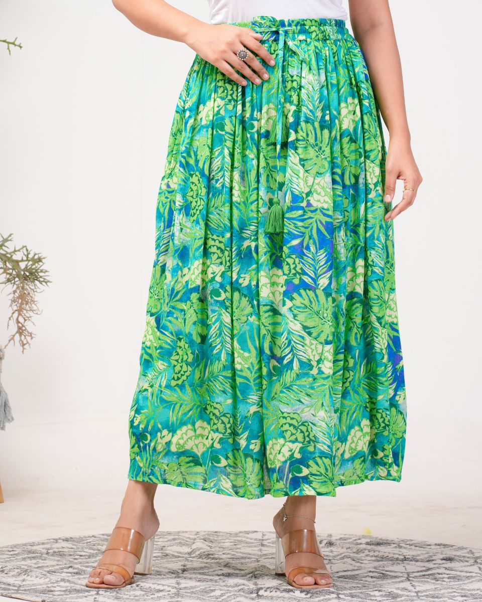 Leaf And Floral Printed Green And Blue Rayon Crepe Skirt For Women