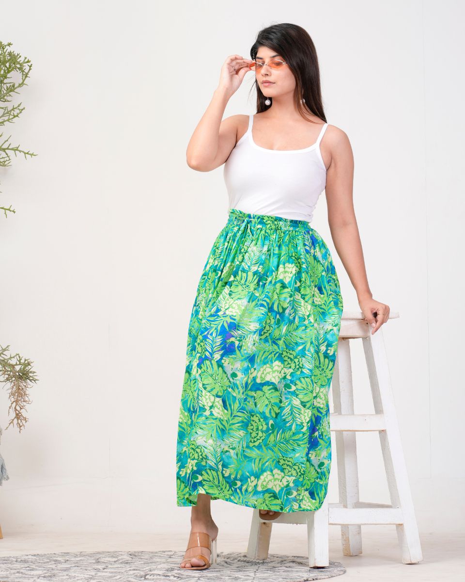 Leaf And Floral Printed Green And Blue Rayon Crepe Skirt For Women