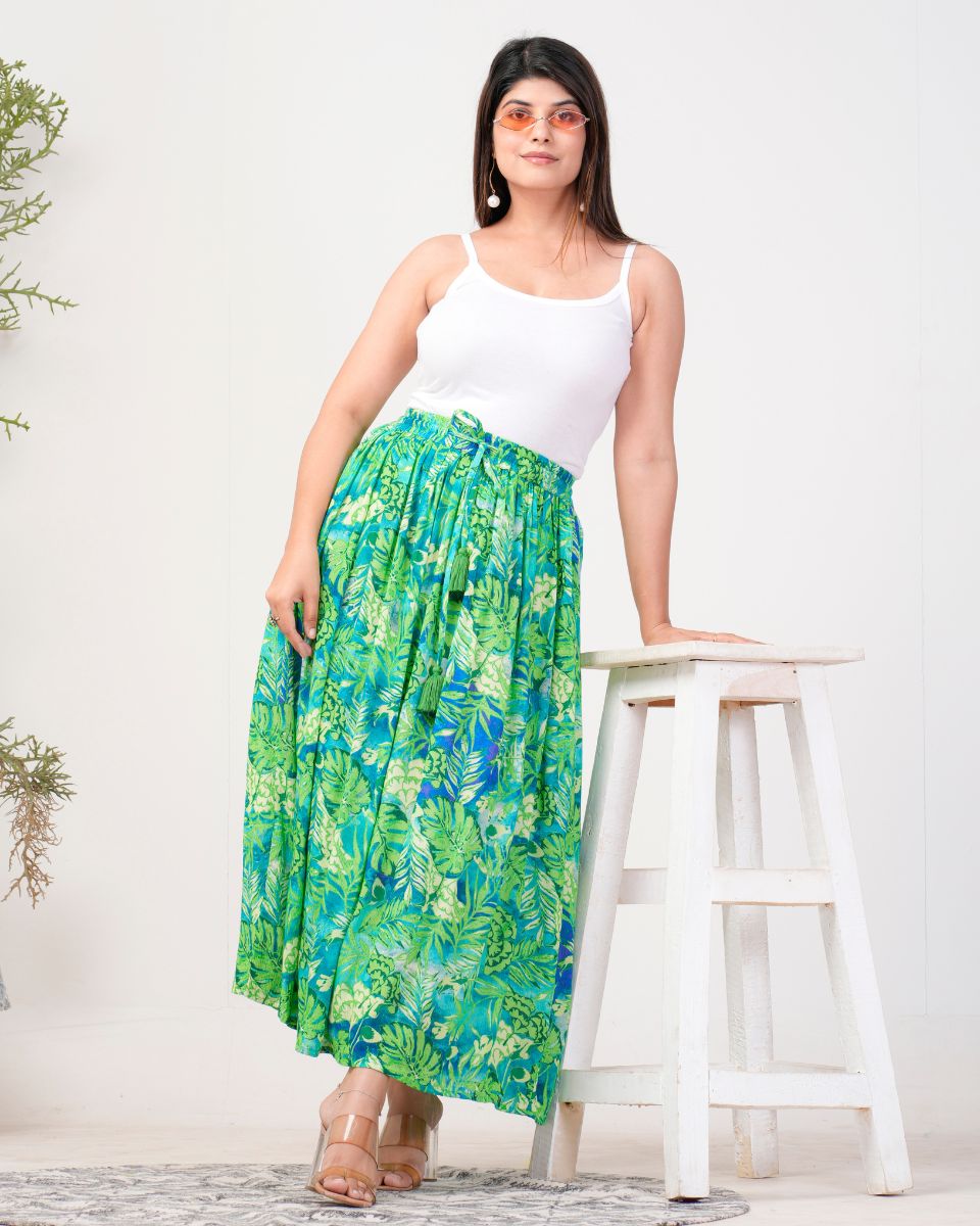 Leaf And Floral Printed Green And Blue Rayon Crepe Skirt For Women