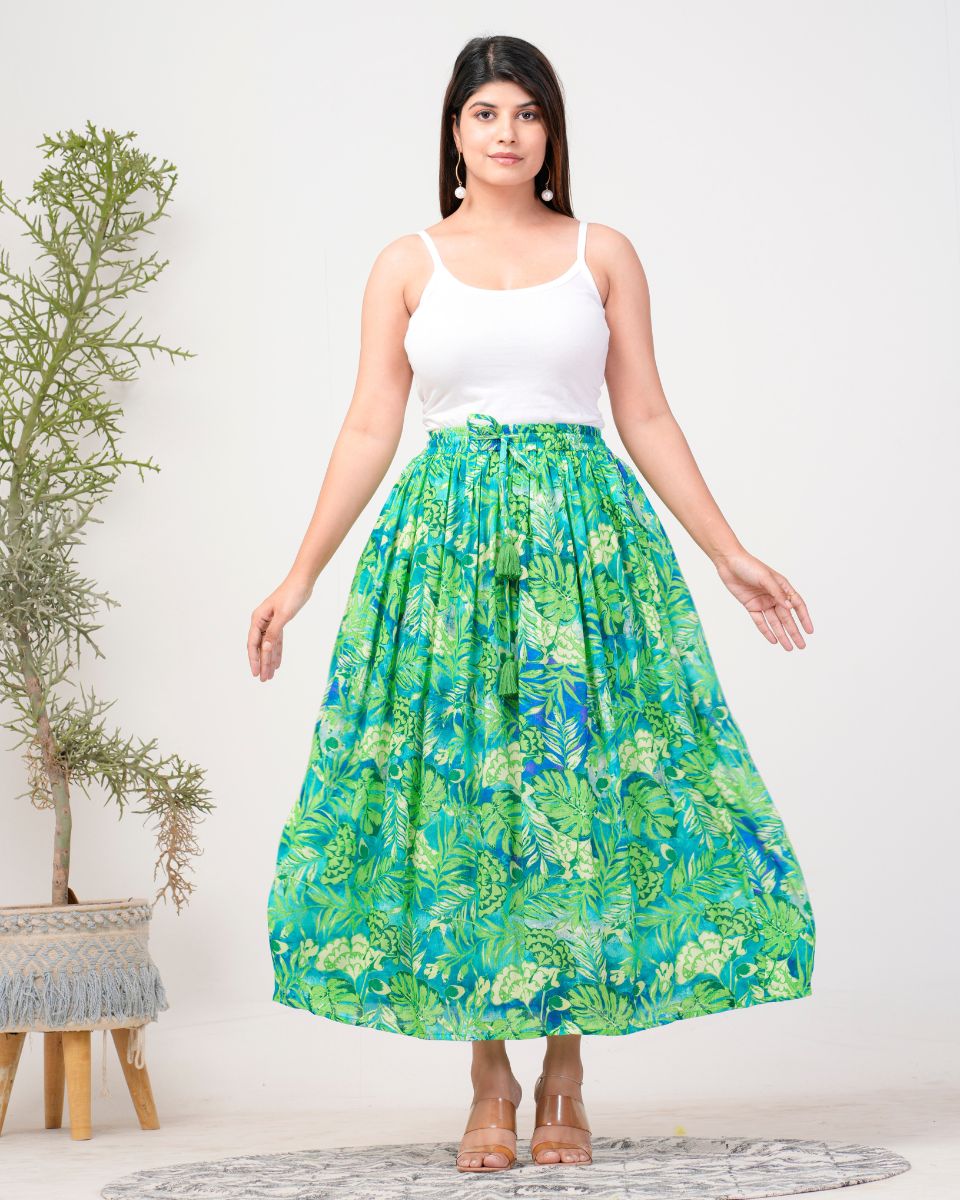 Leaf And Floral Printed Green And Blue Rayon Crepe Skirt For Women