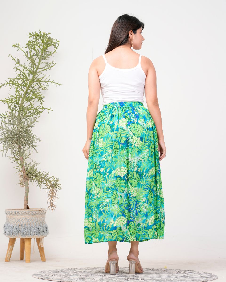 Leaf And Floral Printed Green And Blue Rayon Crepe Skirt For Women